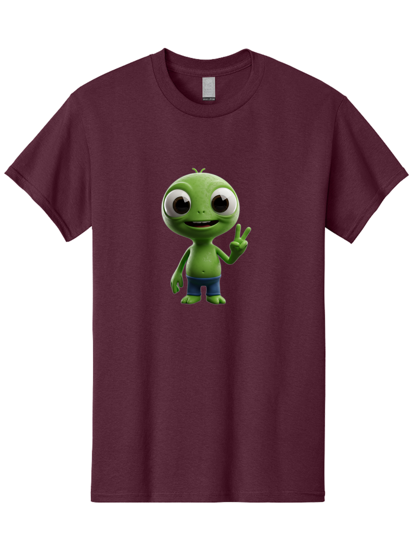 Alien-Cartoon-Character Men'S Graphic Tee, 100% Cotton, Comfortable Casual Summer Wear, Machine Washable, Alien Cartoon, Green Creature, Large Eyes, Peace Sign, Blue Shorts, Cute Character, Cartoon Style, Funny Alien, Cartoon Character Design, Bab622