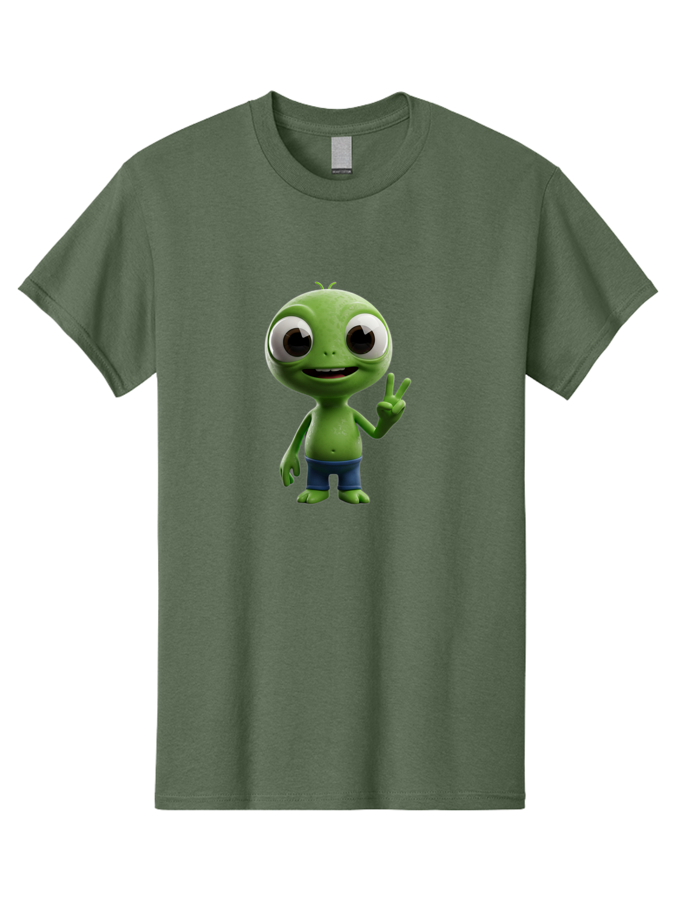 Alien-Cartoon-Character Men'S Graphic Tee, 100% Cotton, Comfortable Casual Summer Wear, Machine Washable, Alien Cartoon, Green Creature, Large Eyes, Peace Sign, Blue Shorts, Cute Character, Cartoon Style, Funny Alien, Cartoon Character Design, Bab622