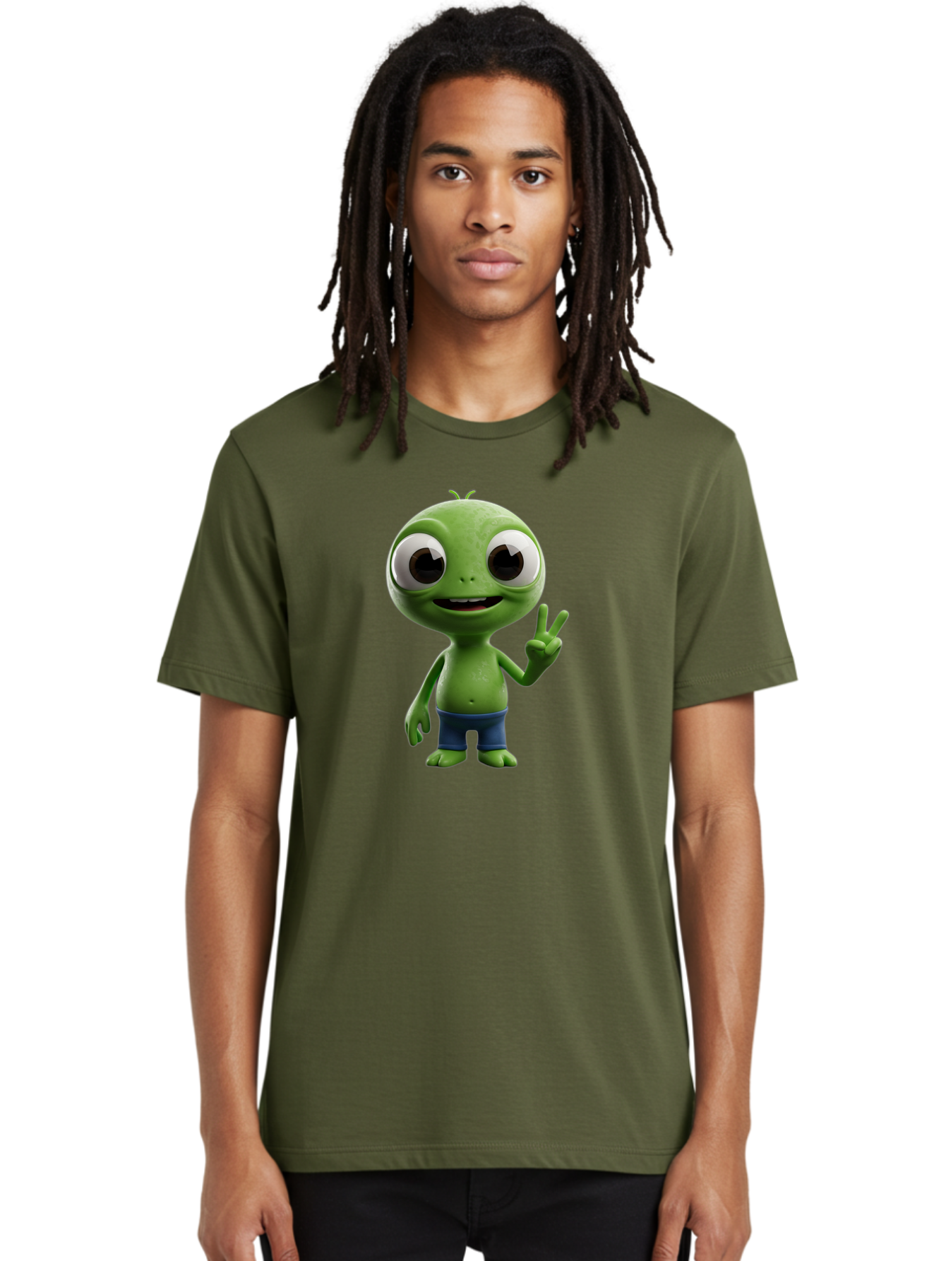 Alien-Cartoon-Character Men'S Graphic Tee, 100% Cotton, Comfortable Casual Summer Wear, Machine Washable, Alien Cartoon, Green Creature, Large Eyes, Peace Sign, Blue Shorts, Cute Character, Cartoon Style, Funny Alien, Cartoon Character Design, Bab622