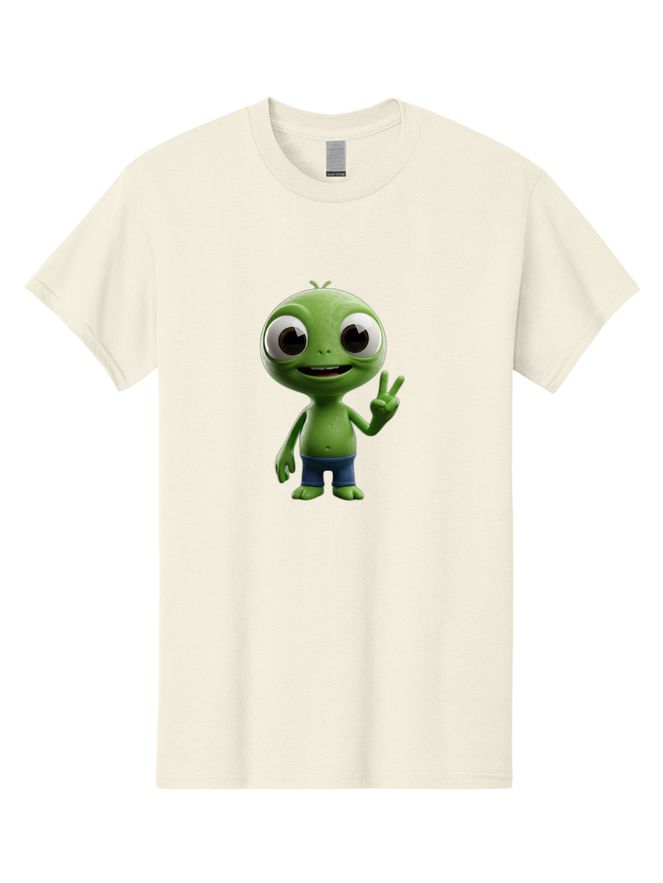 Alien-Cartoon-Character Men'S Graphic Tee, 100% Cotton, Comfortable Casual Summer Wear, Machine Washable, Alien Cartoon, Green Creature, Large Eyes, Peace Sign, Blue Shorts, Cute Character, Cartoon Style, Funny Alien, Cartoon Character Design, Bab622