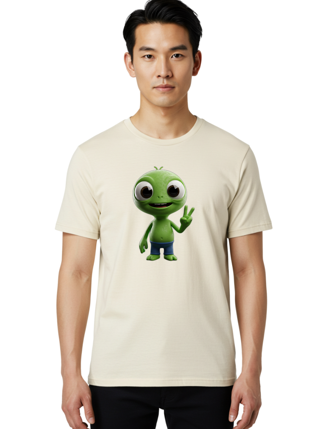 Alien-Cartoon-Character Men'S Graphic Tee, 100% Cotton, Comfortable Casual Summer Wear, Machine Washable, Alien Cartoon, Green Creature, Large Eyes, Peace Sign, Blue Shorts, Cute Character, Cartoon Style, Funny Alien, Cartoon Character Design, Bab622