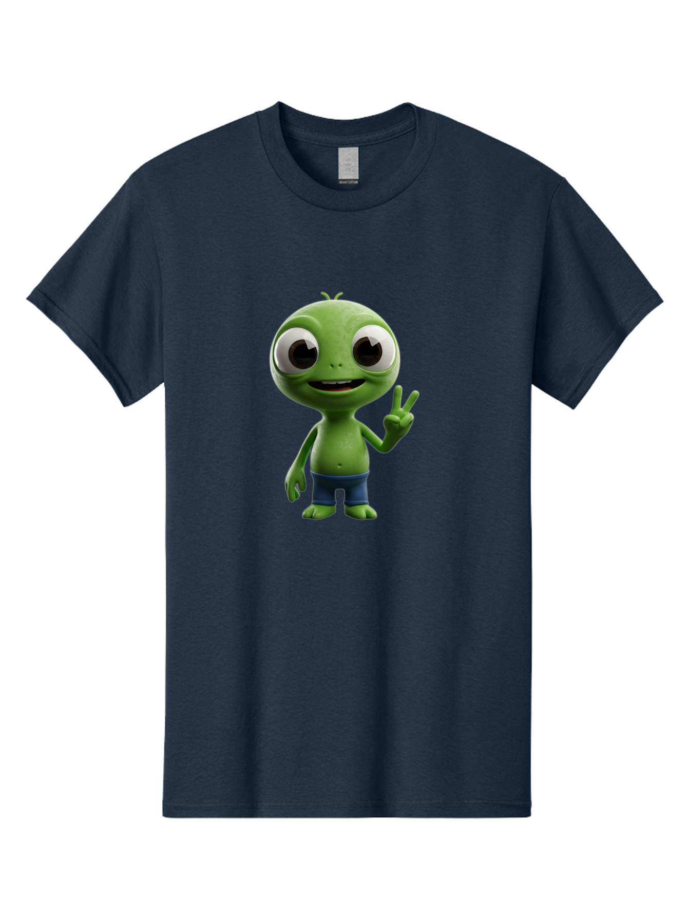Alien-Cartoon-Character Men'S Graphic Tee, 100% Cotton, Comfortable Casual Summer Wear, Machine Washable, Alien Cartoon, Green Creature, Large Eyes, Peace Sign, Blue Shorts, Cute Character, Cartoon Style, Funny Alien, Cartoon Character Design, Bab622