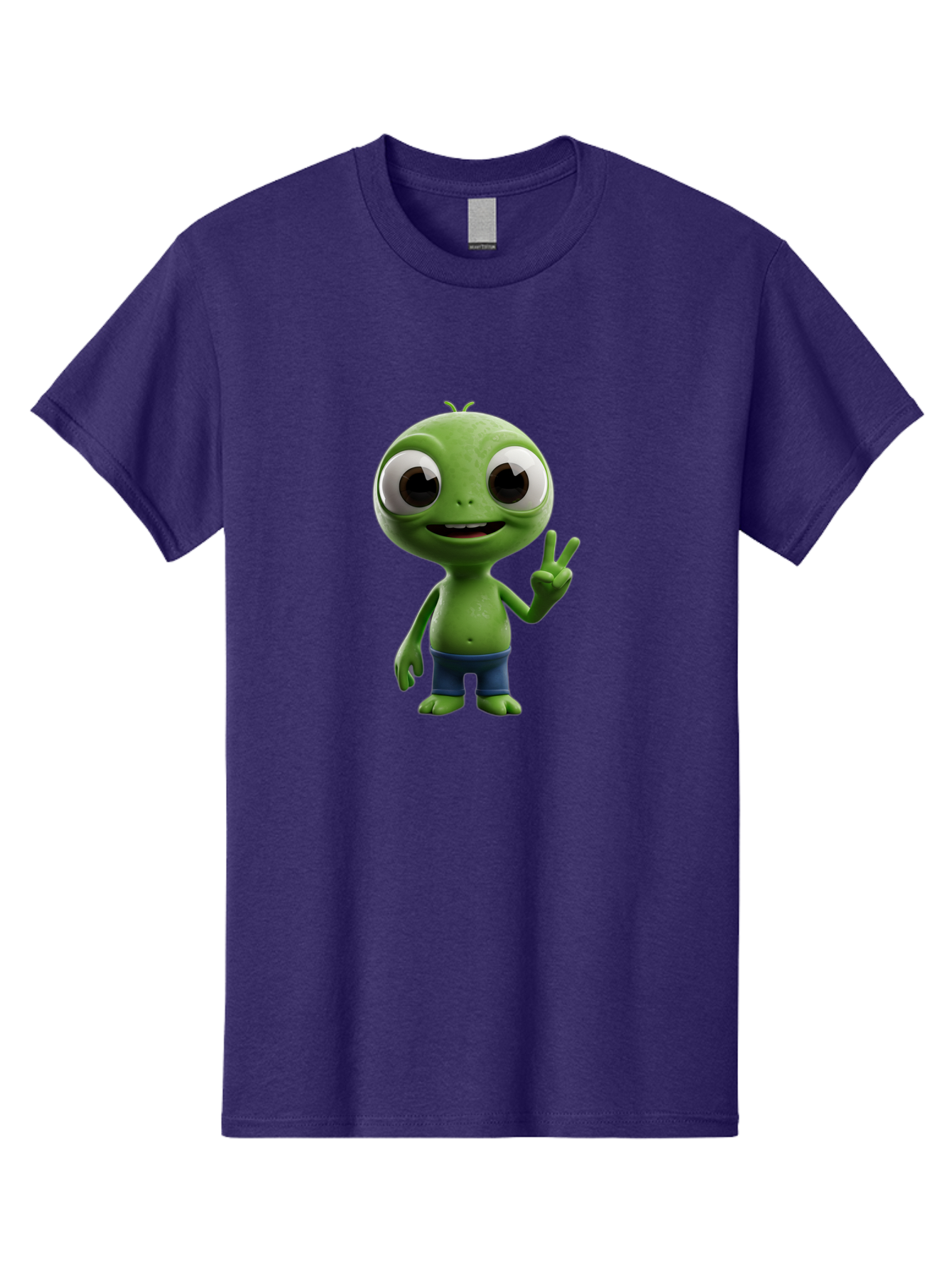 Alien-Cartoon-Character Men'S Graphic Tee, 100% Cotton, Comfortable Casual Summer Wear, Machine Washable, Alien Cartoon, Green Creature, Large Eyes, Peace Sign, Blue Shorts, Cute Character, Cartoon Style, Funny Alien, Cartoon Character Design, Bab622