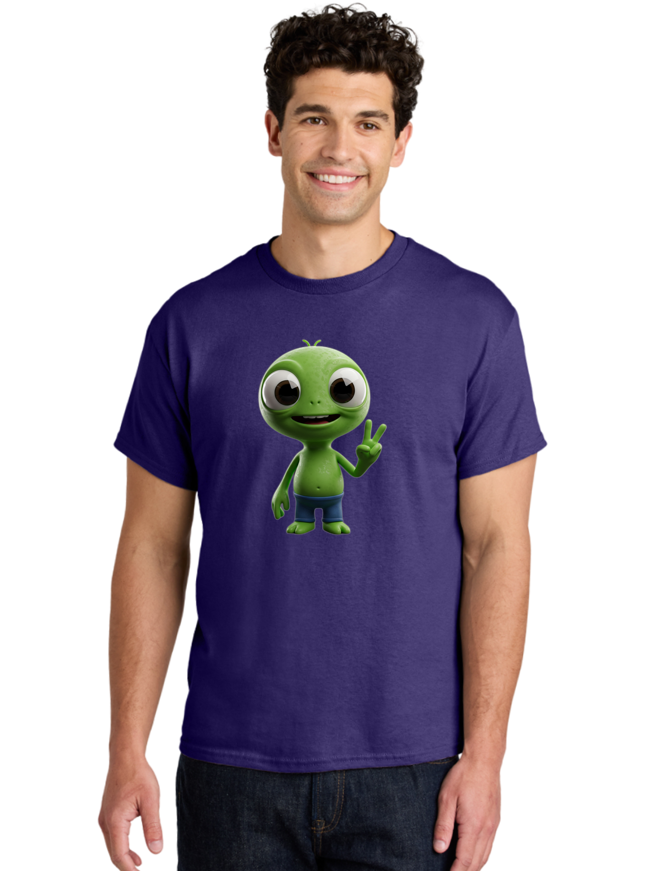 Alien-Cartoon-Character Men'S Graphic Tee, 100% Cotton, Comfortable Casual Summer Wear, Machine Washable, Alien Cartoon, Green Creature, Large Eyes, Peace Sign, Blue Shorts, Cute Character, Cartoon Style, Funny Alien, Cartoon Character Design, Bab622