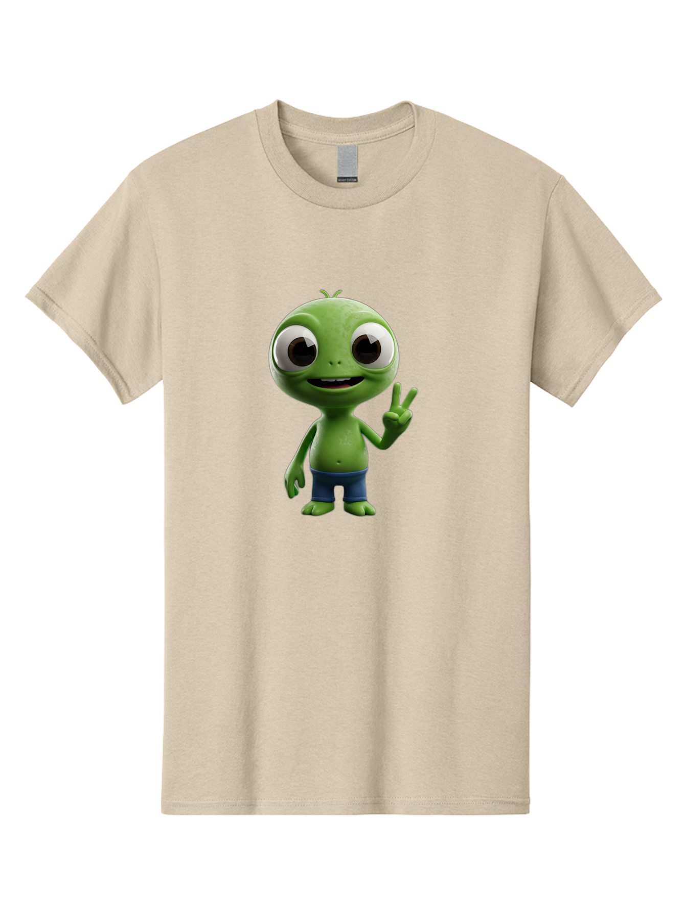 Alien-Cartoon-Character Men'S Graphic Tee, 100% Cotton, Comfortable Casual Summer Wear, Machine Washable, Alien Cartoon, Green Creature, Large Eyes, Peace Sign, Blue Shorts, Cute Character, Cartoon Style, Funny Alien, Cartoon Character Design, Bab622