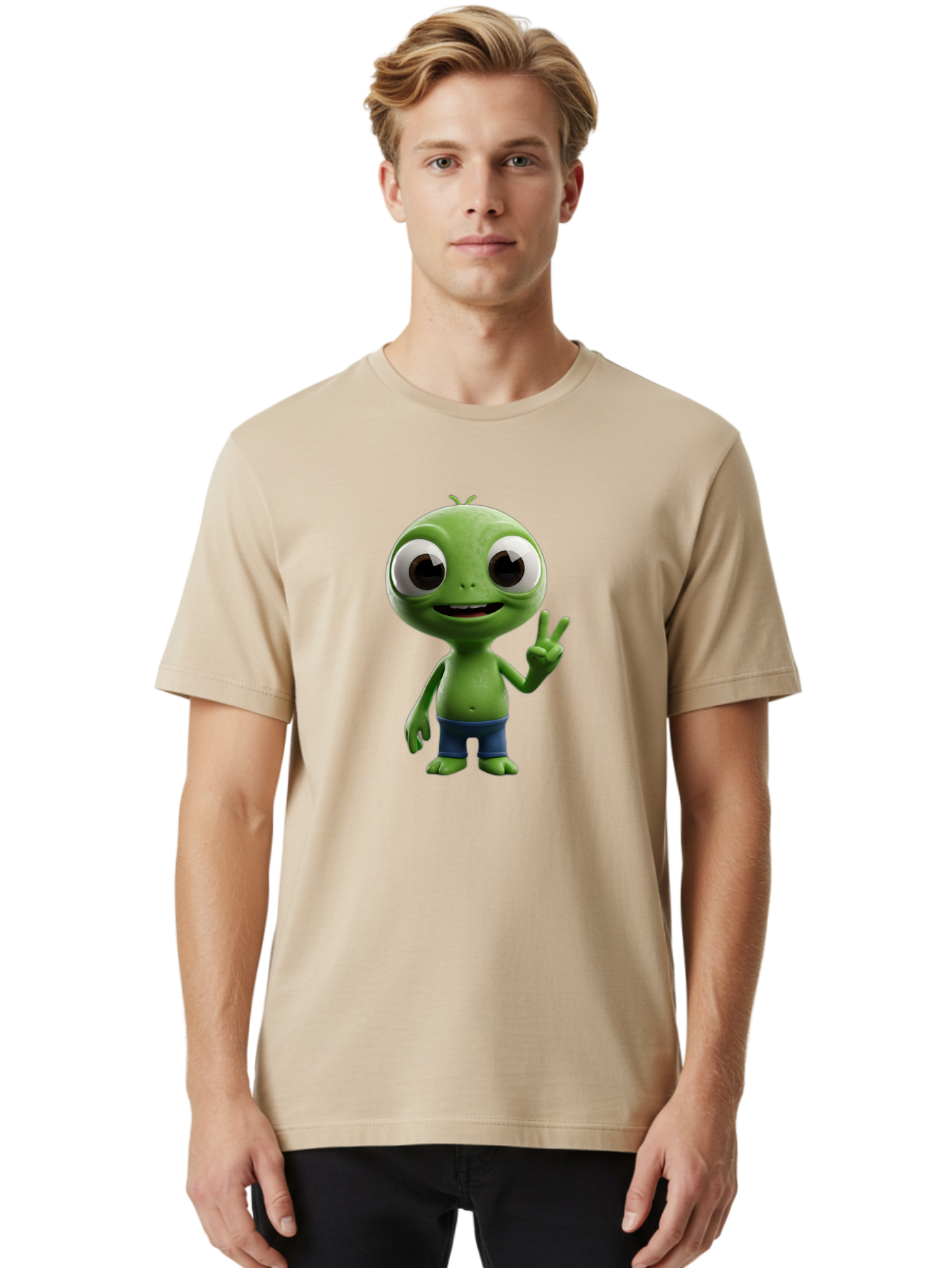 Alien-Cartoon-Character Men'S Graphic Tee, 100% Cotton, Comfortable Casual Summer Wear, Machine Washable, Alien Cartoon, Green Creature, Large Eyes, Peace Sign, Blue Shorts, Cute Character, Cartoon Style, Funny Alien, Cartoon Character Design, Bab622