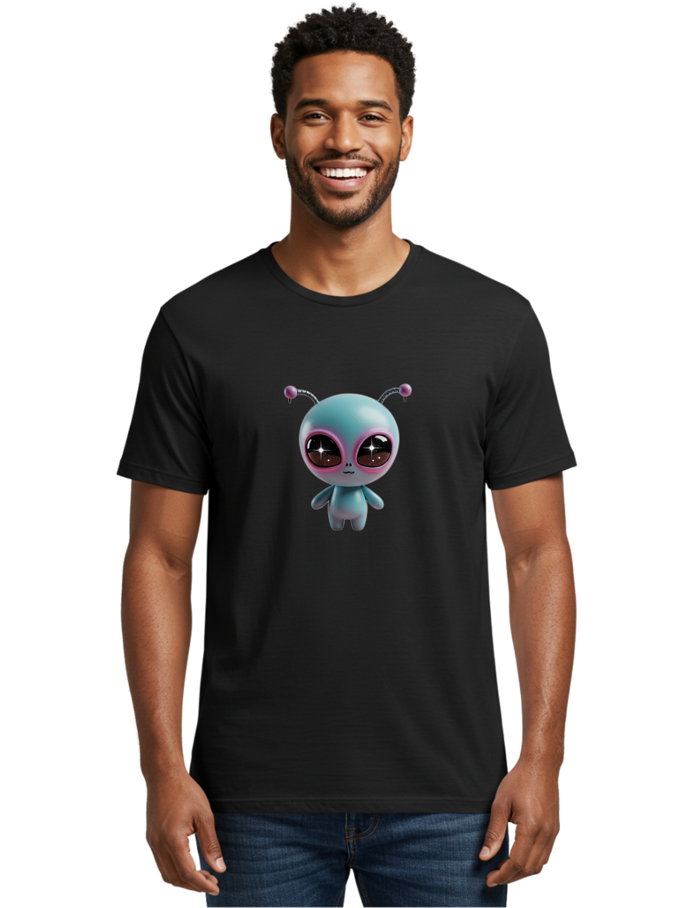 Alien-Character Men'S Graphic Tee, 100% Cotton, Comfortable Casual Summer Wear, Machine Washable, Cartoon Alien, Pastel Colors, Cute Design, Big Eyes, Smiling Face, Antennae, 3D Illustration, Quirky Character, Futuristic Being, Playful Vibe, Bab623