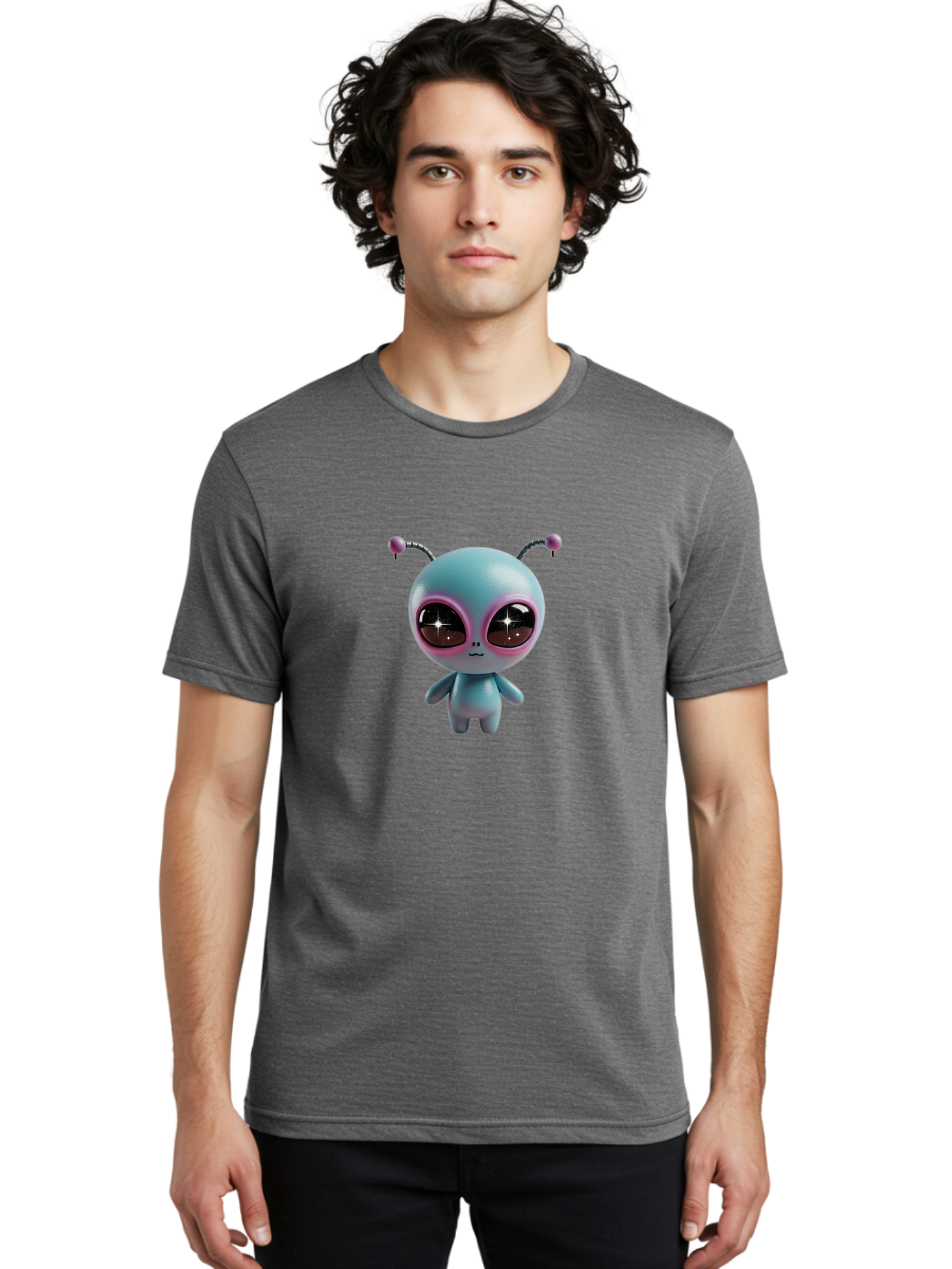 Alien-Character Men'S Graphic Tee, 100% Cotton, Comfortable Casual Summer Wear, Machine Washable, Cartoon Alien, Pastel Colors, Cute Design, Big Eyes, Smiling Face, Antennae, 3D Illustration, Quirky Character, Futuristic Being, Playful Vibe, Bab623