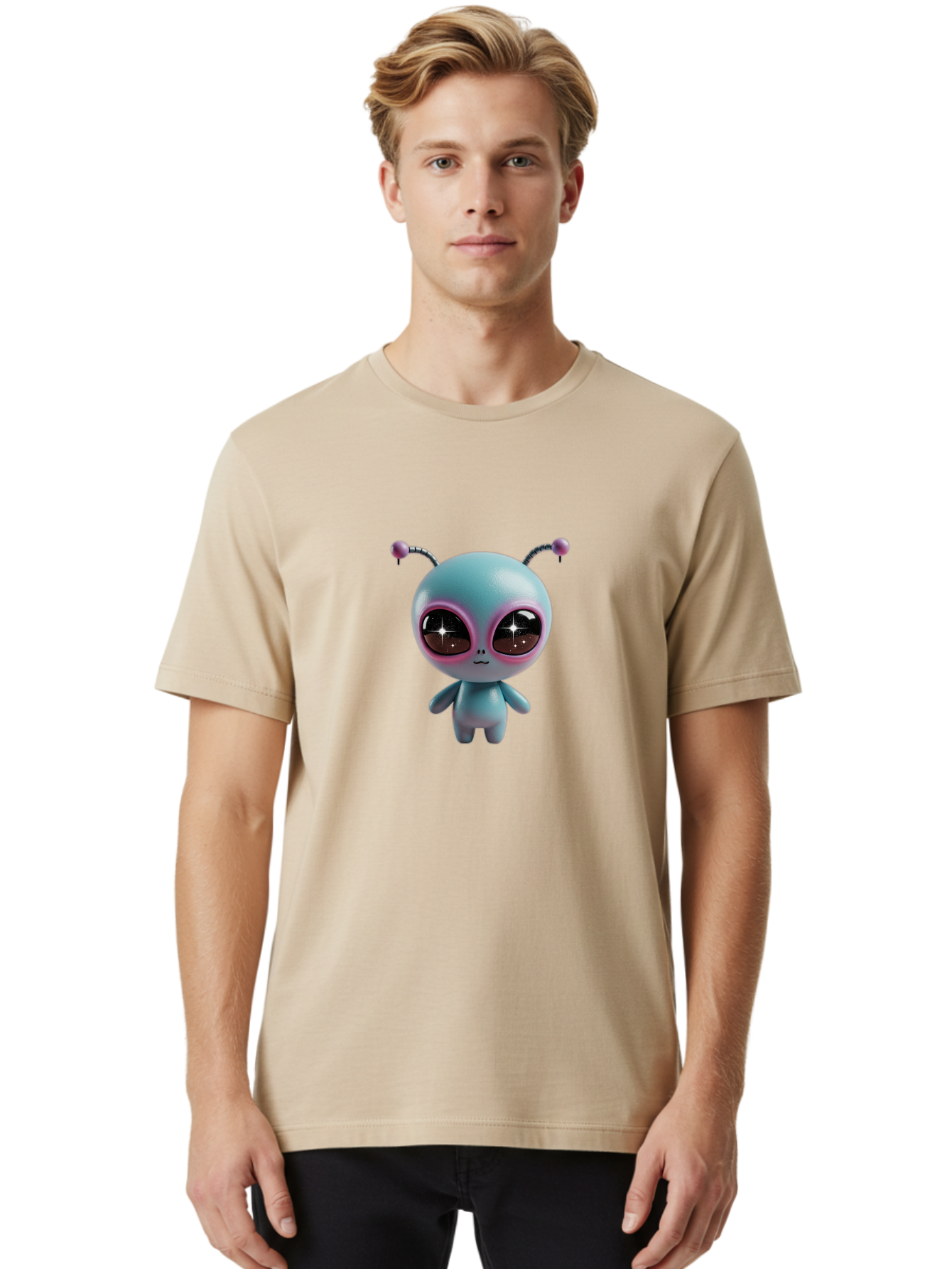 Alien-Character Men'S Graphic Tee, 100% Cotton, Comfortable Casual Summer Wear, Machine Washable, Cartoon Alien, Pastel Colors, Cute Design, Big Eyes, Smiling Face, Antennae, 3D Illustration, Quirky Character, Futuristic Being, Playful Vibe, Bab623