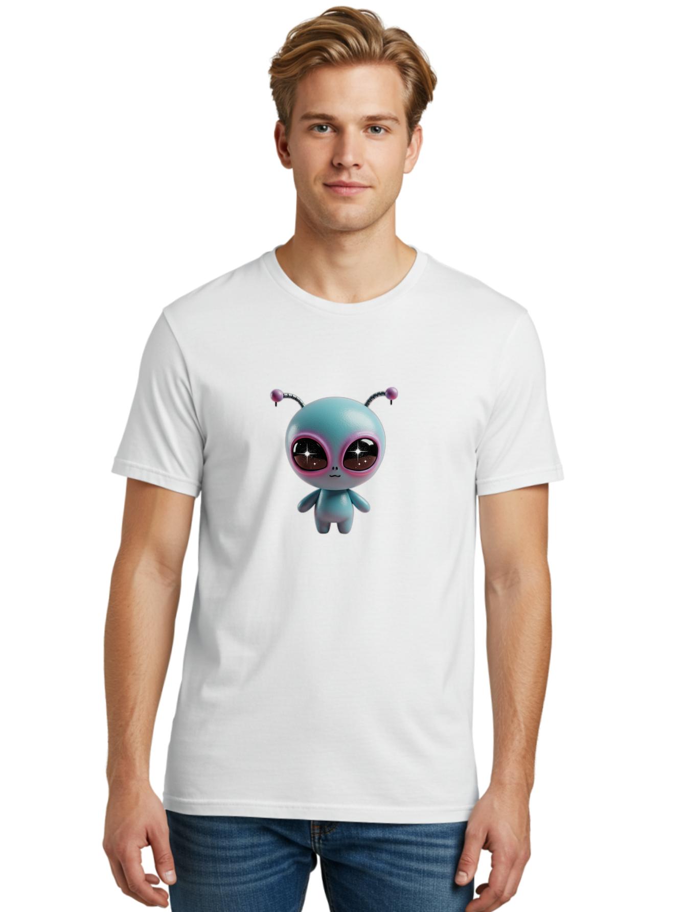 Alien-Character Men'S Graphic Tee, 100% Cotton, Comfortable Casual Summer Wear, Machine Washable, Cartoon Alien, Pastel Colors, Cute Design, Big Eyes, Smiling Face, Antennae, 3D Illustration, Quirky Character, Futuristic Being, Playful Vibe, Bab623
