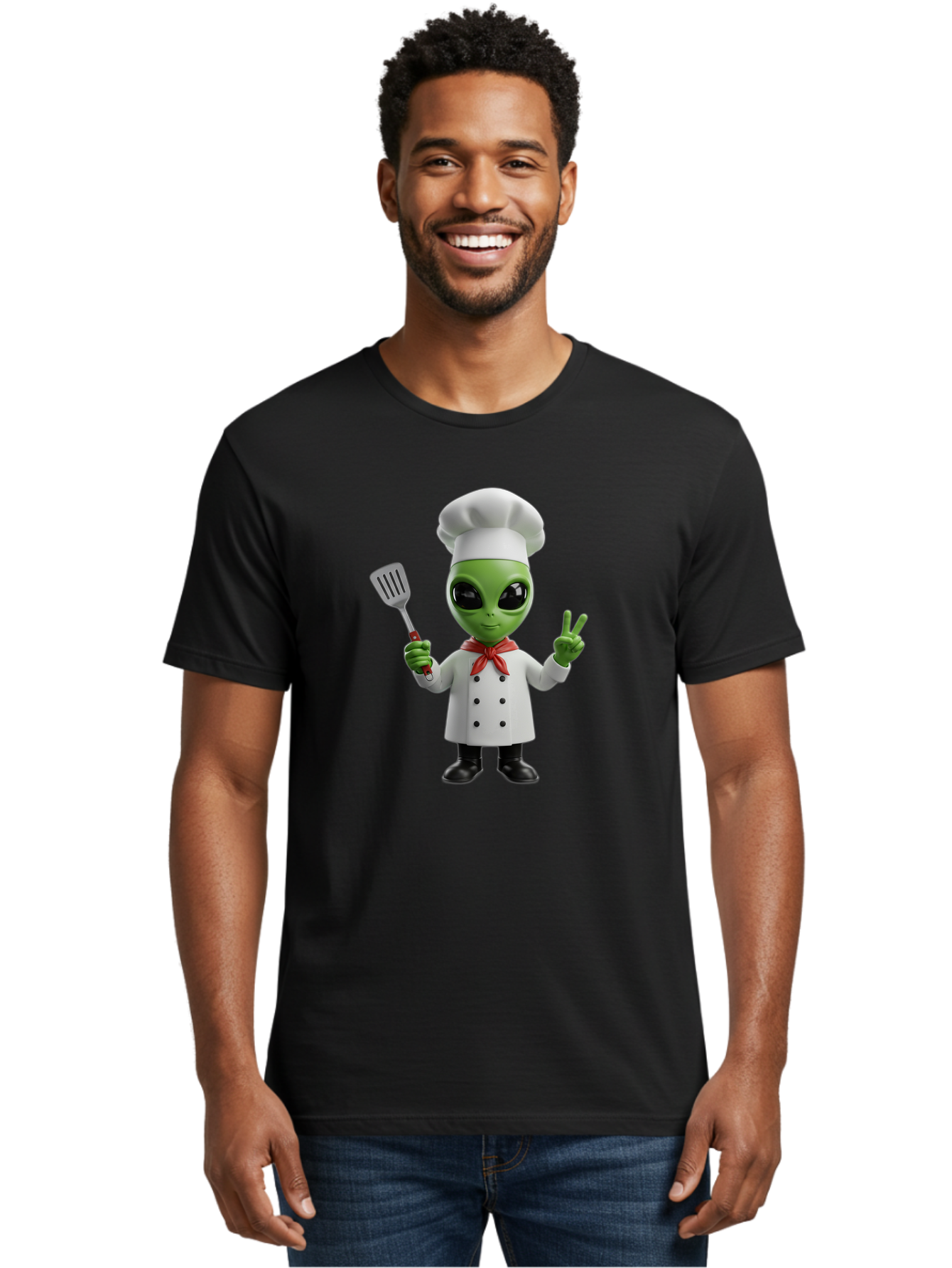 Alien-Chef Men'S Graphic Tee, 100% Cotton, Comfortable Casual Summer Wear, Machine Washable, Alien Chef, Green Alien, White Chef Coat, Red Neckerchief, Peace Sign, Spatula, 3D Cartoon Character, Funny Alien, Cooking, Kitchen Humor, Bab624