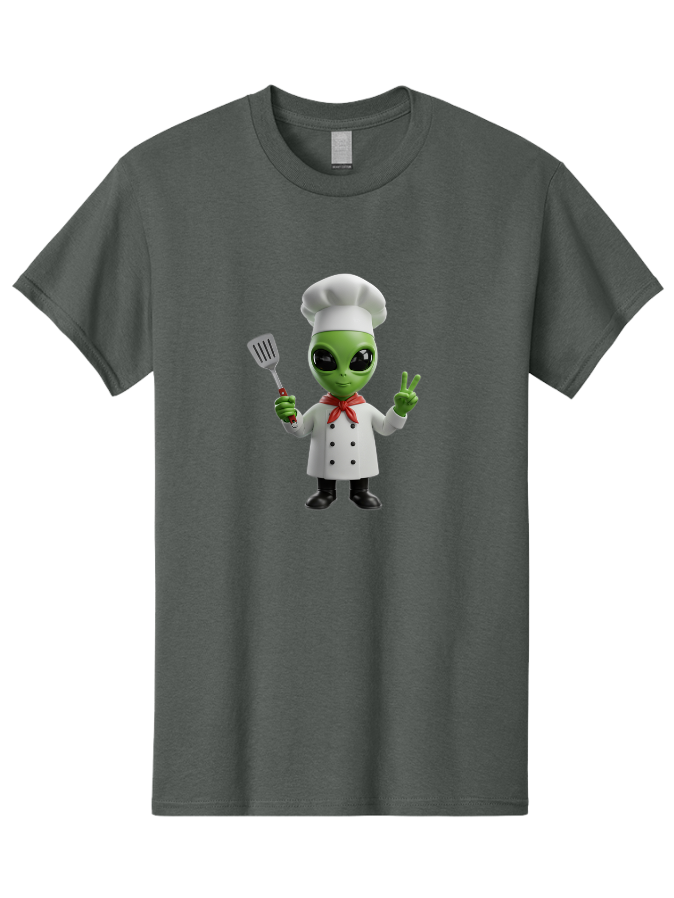 Alien-Chef Men'S Graphic Tee, 100% Cotton, Comfortable Casual Summer Wear, Machine Washable, Alien Chef, Green Alien, White Chef Coat, Red Neckerchief, Peace Sign, Spatula, 3D Cartoon Character, Funny Alien, Cooking, Kitchen Humor, Bab624