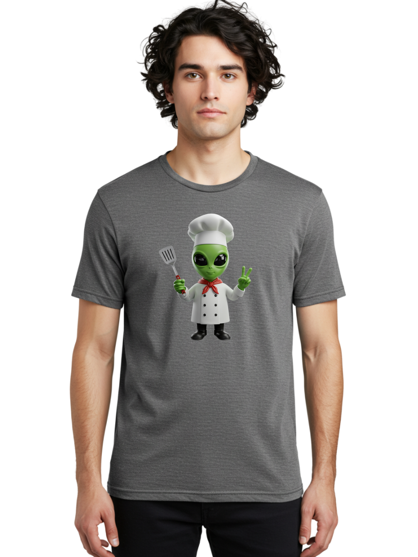 Alien-Chef Men'S Graphic Tee, 100% Cotton, Comfortable Casual Summer Wear, Machine Washable, Alien Chef, Green Alien, White Chef Coat, Red Neckerchief, Peace Sign, Spatula, 3D Cartoon Character, Funny Alien, Cooking, Kitchen Humor, Bab624