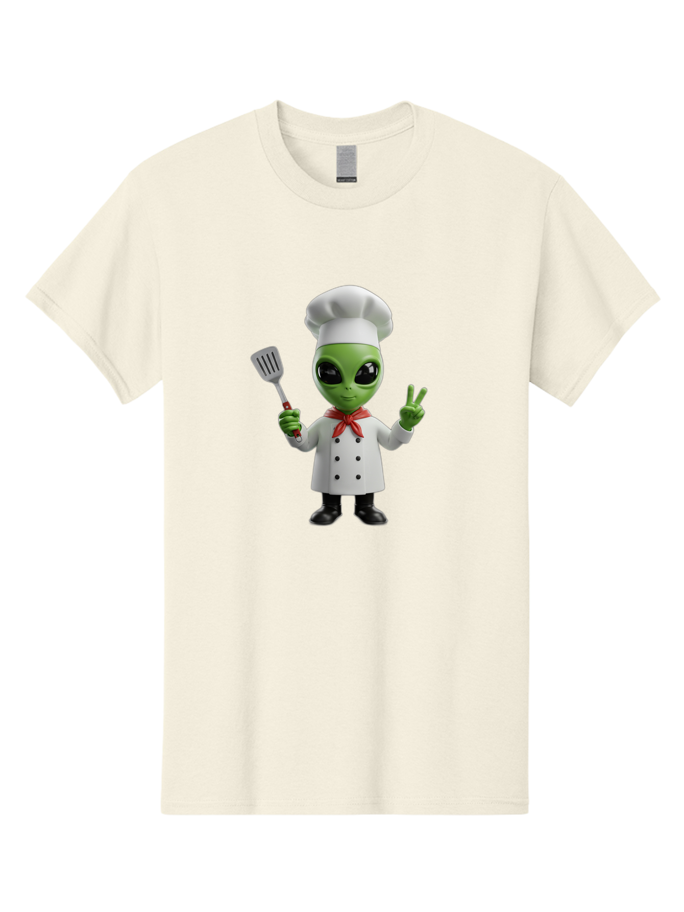 Alien-Chef Men'S Graphic Tee, 100% Cotton, Comfortable Casual Summer Wear, Machine Washable, Alien Chef, Green Alien, White Chef Coat, Red Neckerchief, Peace Sign, Spatula, 3D Cartoon Character, Funny Alien, Cooking, Kitchen Humor, Bab624