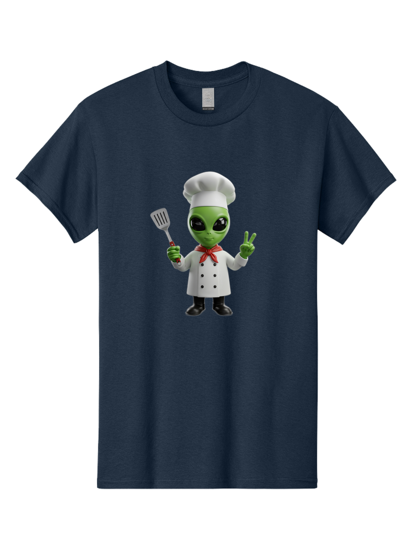 Alien-Chef Men'S Graphic Tee, 100% Cotton, Comfortable Casual Summer Wear, Machine Washable, Alien Chef, Green Alien, White Chef Coat, Red Neckerchief, Peace Sign, Spatula, 3D Cartoon Character, Funny Alien, Cooking, Kitchen Humor, Bab624