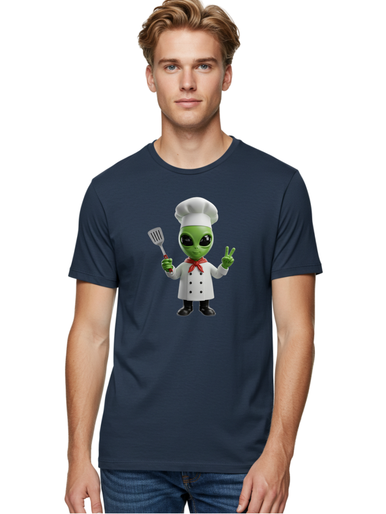 Alien-Chef Men'S Graphic Tee, 100% Cotton, Comfortable Casual Summer Wear, Machine Washable, Alien Chef, Green Alien, White Chef Coat, Red Neckerchief, Peace Sign, Spatula, 3D Cartoon Character, Funny Alien, Cooking, Kitchen Humor, Bab624