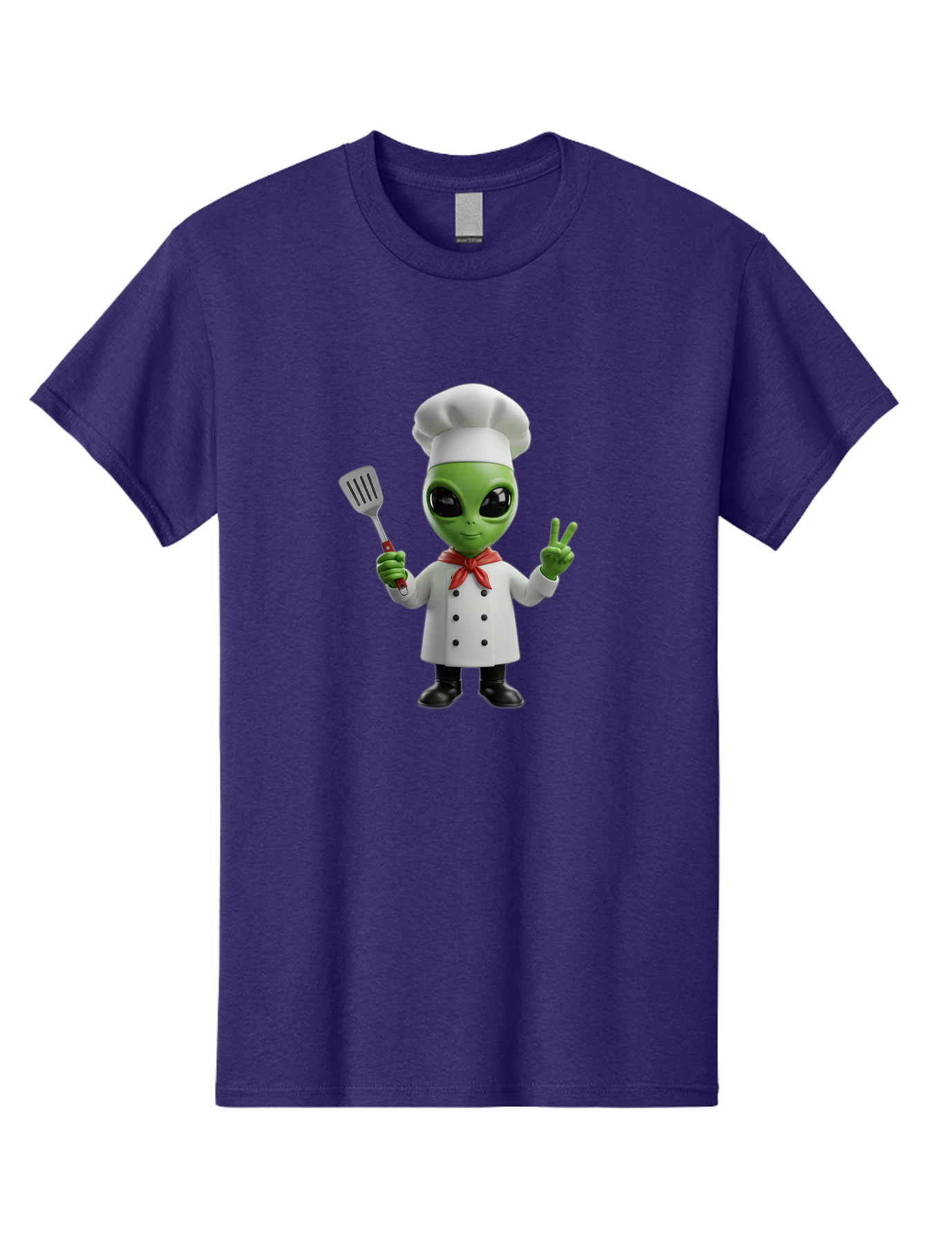 Alien-Chef Men'S Graphic Tee, 100% Cotton, Comfortable Casual Summer Wear, Machine Washable, Alien Chef, Green Alien, White Chef Coat, Red Neckerchief, Peace Sign, Spatula, 3D Cartoon Character, Funny Alien, Cooking, Kitchen Humor, Bab624