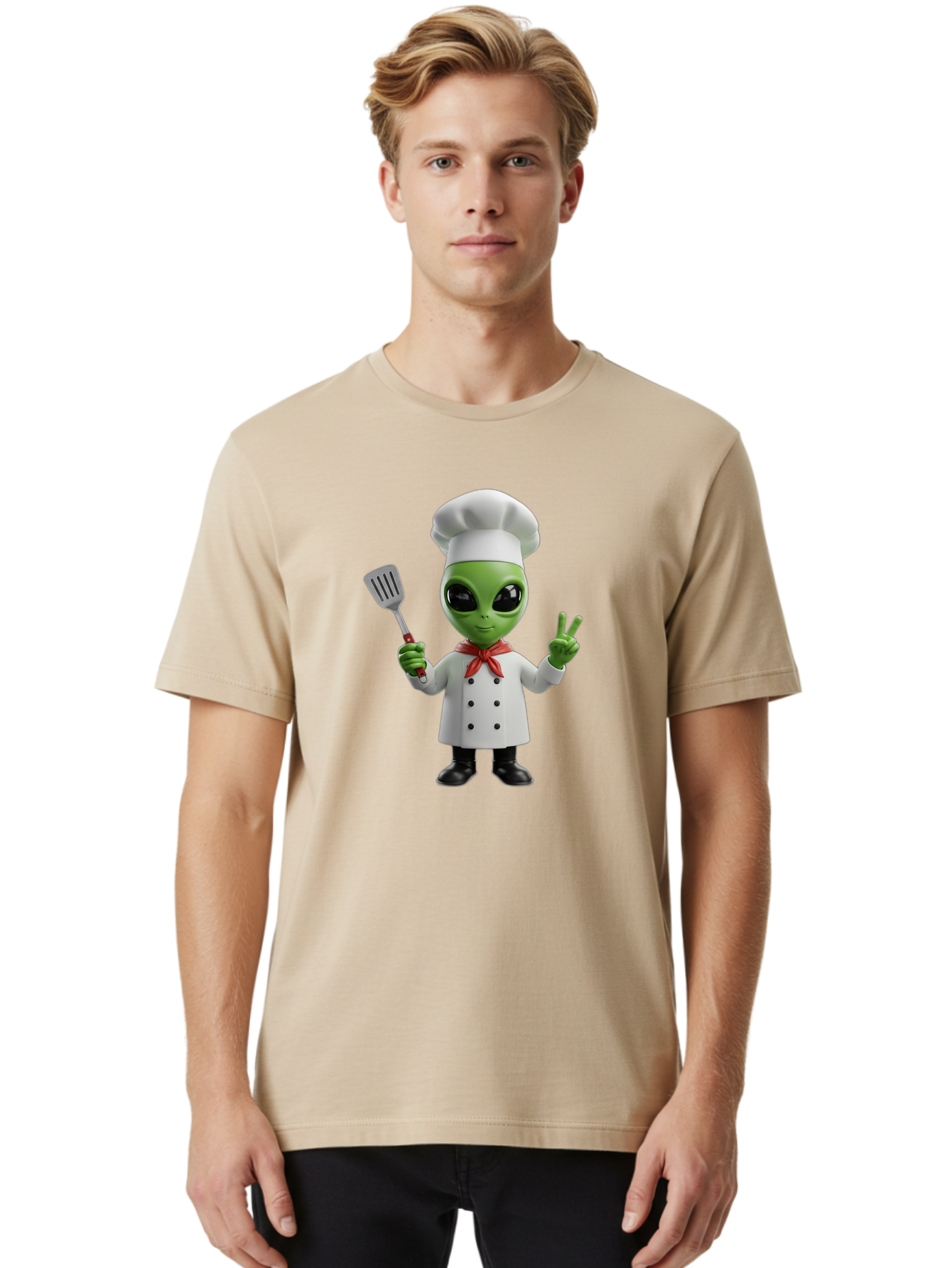 Alien-Chef Men'S Graphic Tee, 100% Cotton, Comfortable Casual Summer Wear, Machine Washable, Alien Chef, Green Alien, White Chef Coat, Red Neckerchief, Peace Sign, Spatula, 3D Cartoon Character, Funny Alien, Cooking, Kitchen Humor, Bab624