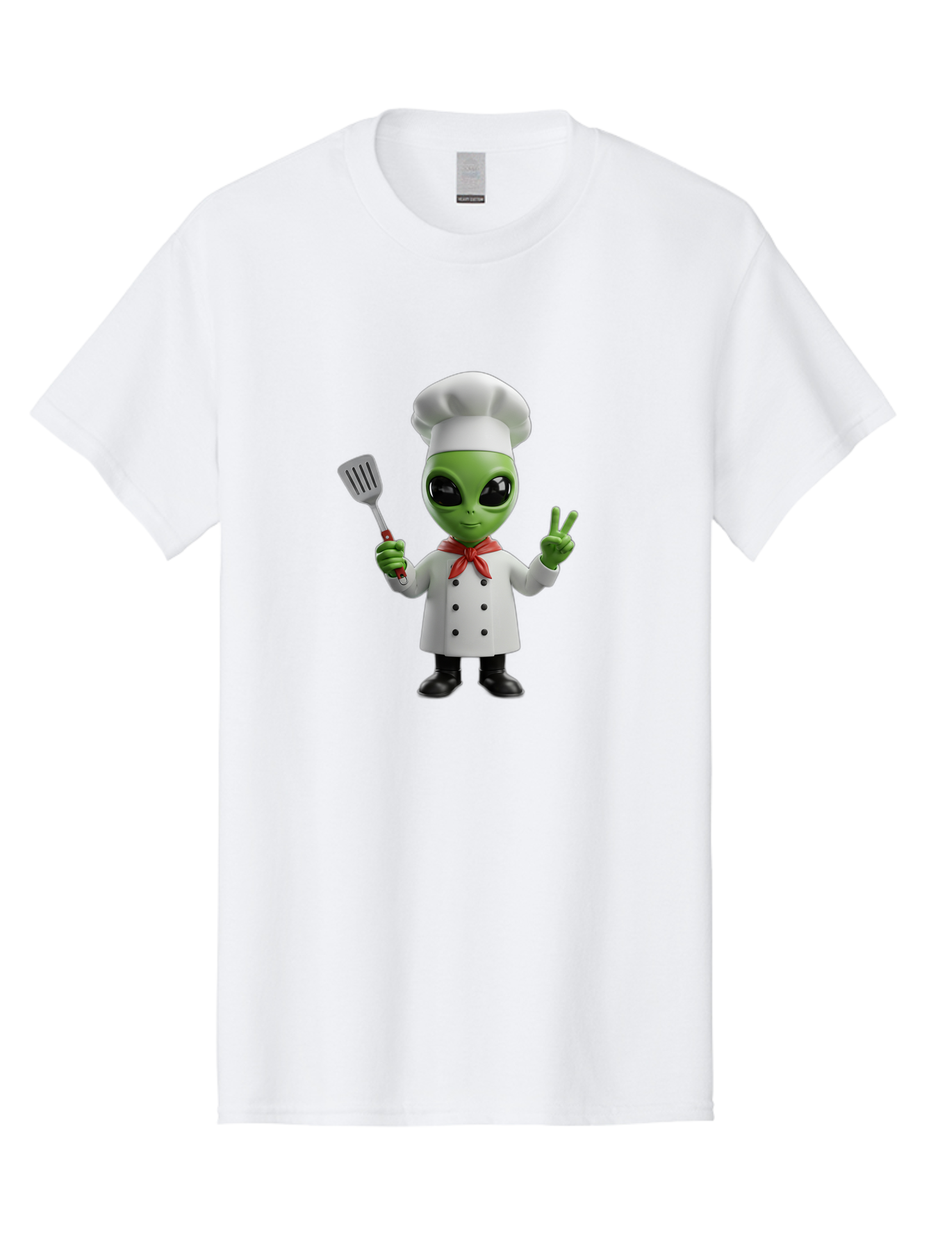 Alien-Chef Men'S Graphic Tee, 100% Cotton, Comfortable Casual Summer Wear, Machine Washable, Alien Chef, Green Alien, White Chef Coat, Red Neckerchief, Peace Sign, Spatula, 3D Cartoon Character, Funny Alien, Cooking, Kitchen Humor, Bab624