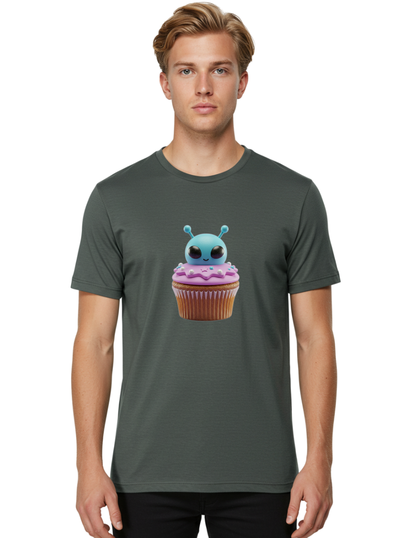 Alien-Cupcake Men'S Graphic Tee, 100% Cotton, Comfortable Casual Summer Wear, Machine Washable, Blue Alien On Top Of Cupcake, Pastel Colors, Whimsical Design, Sweet Treats, Fondant Decoration, Colorful Sprinkles, Dessert Art, Creative Baking Bab625