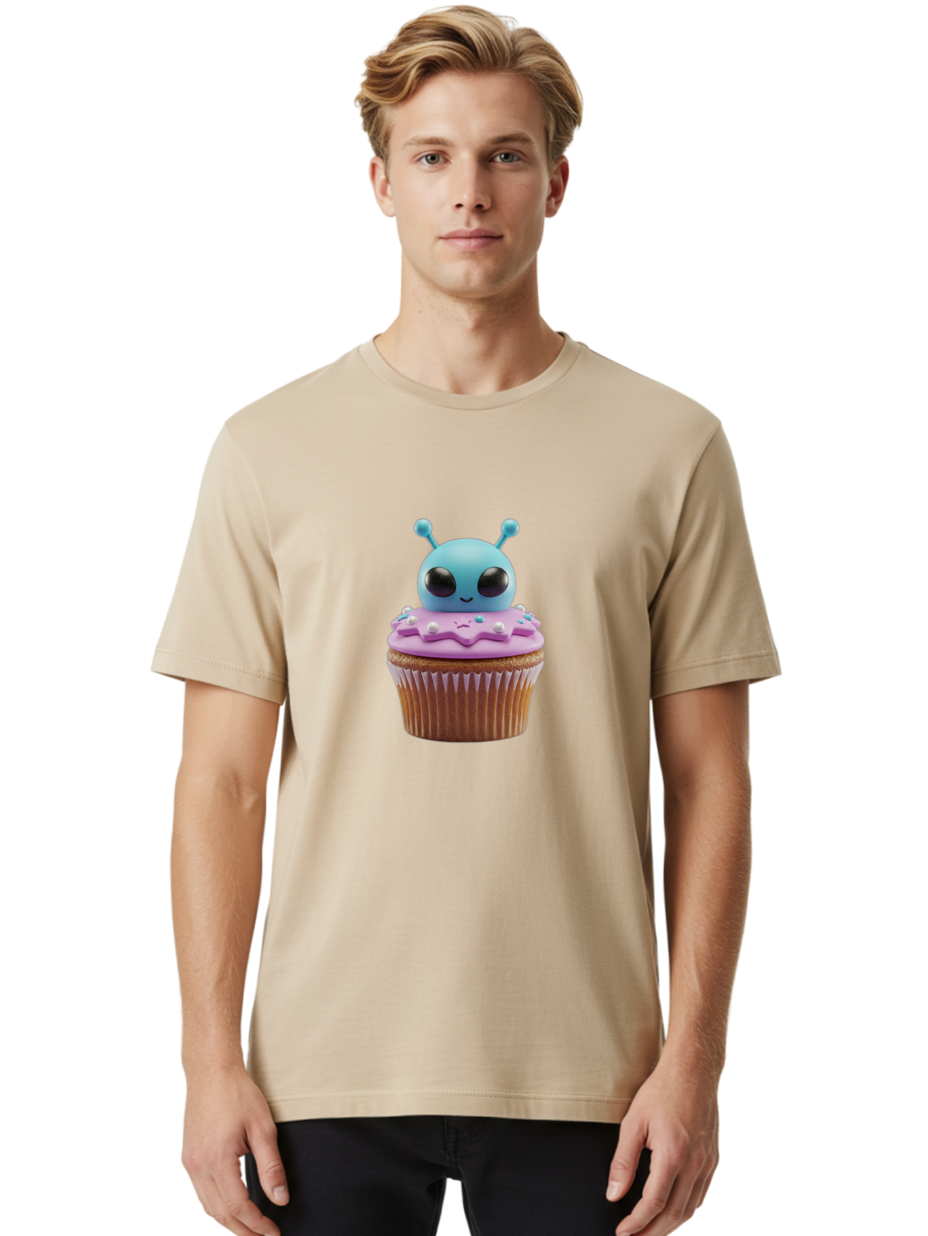 Alien-Cupcake Men'S Graphic Tee, 100% Cotton, Comfortable Casual Summer Wear, Machine Washable, Blue Alien On Top Of Cupcake, Pastel Colors, Whimsical Design, Sweet Treats, Fondant Decoration, Colorful Sprinkles, Dessert Art, Creative Baking Bab625