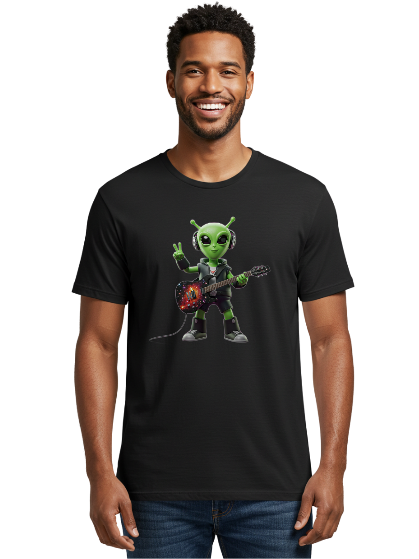 Alien-Guitarist Men'S Graphic Tee, 100% Cotton, Comfortable Casual Summer Wear, Machine Washable, Alien Playing Electric Guitar, Wearing Headphones, Peace Sign Hand Gesture, Galaxy Print Guitar, Rockstar Alien, Futuristic Music, Bab626
