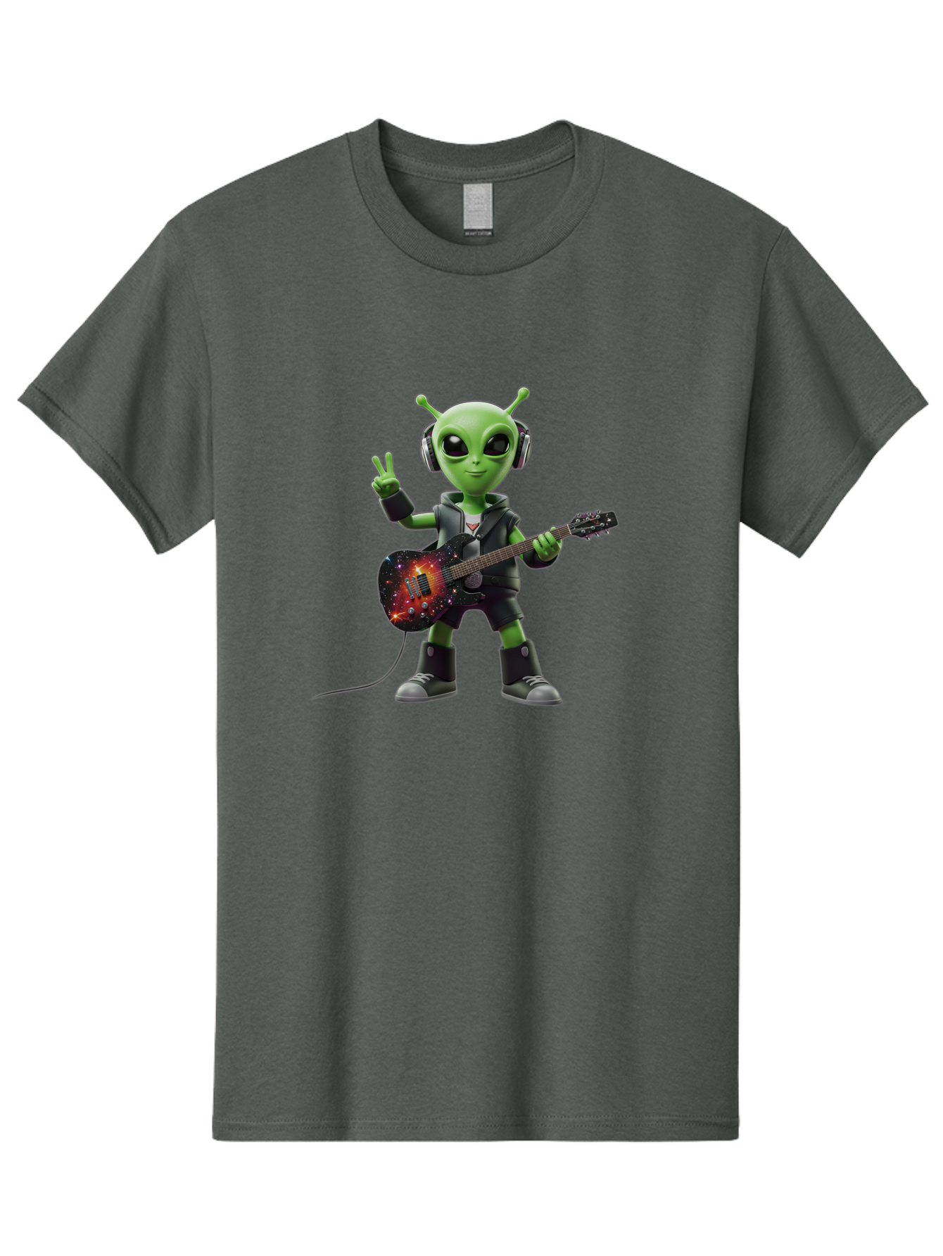 Alien-Guitarist Men'S Graphic Tee, 100% Cotton, Comfortable Casual Summer Wear, Machine Washable, Alien Playing Electric Guitar, Wearing Headphones, Peace Sign Hand Gesture, Galaxy Print Guitar, Rockstar Alien, Futuristic Music, Bab626