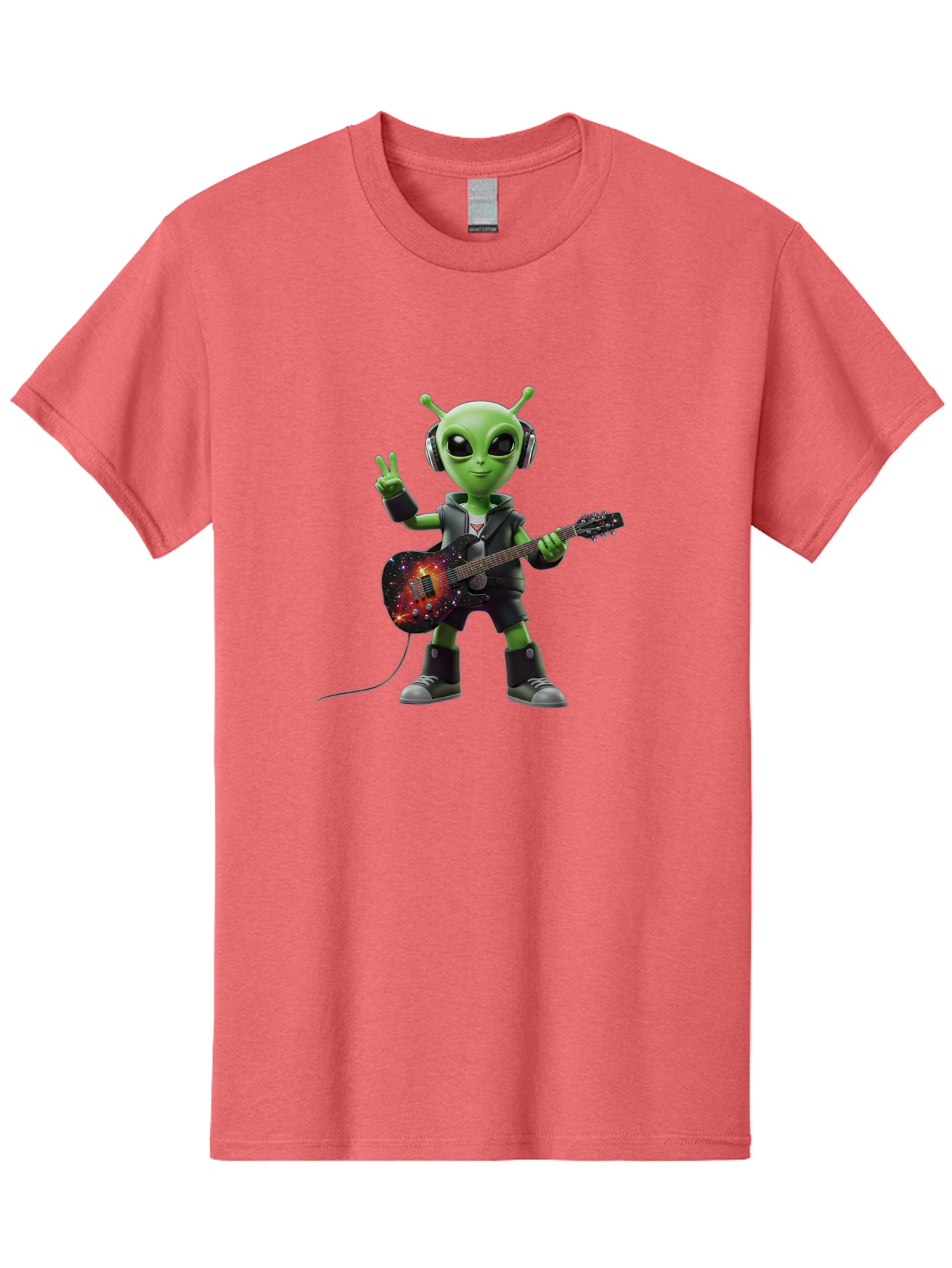 Alien-Guitarist Men'S Graphic Tee, 100% Cotton, Comfortable Casual Summer Wear, Machine Washable, Alien Playing Electric Guitar, Wearing Headphones, Peace Sign Hand Gesture, Galaxy Print Guitar, Rockstar Alien, Futuristic Music, Bab626