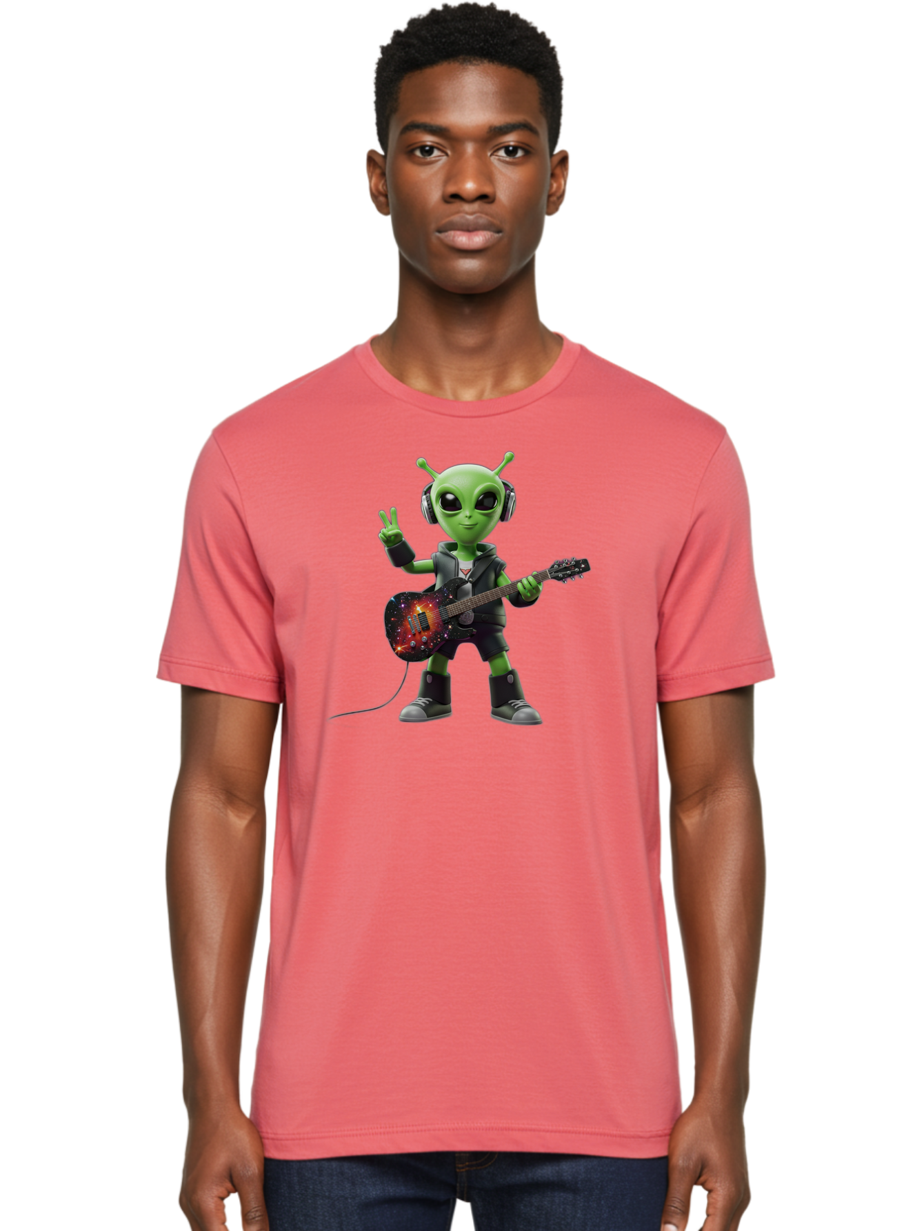 Alien-Guitarist Men'S Graphic Tee, 100% Cotton, Comfortable Casual Summer Wear, Machine Washable, Alien Playing Electric Guitar, Wearing Headphones, Peace Sign Hand Gesture, Galaxy Print Guitar, Rockstar Alien, Futuristic Music, Bab626