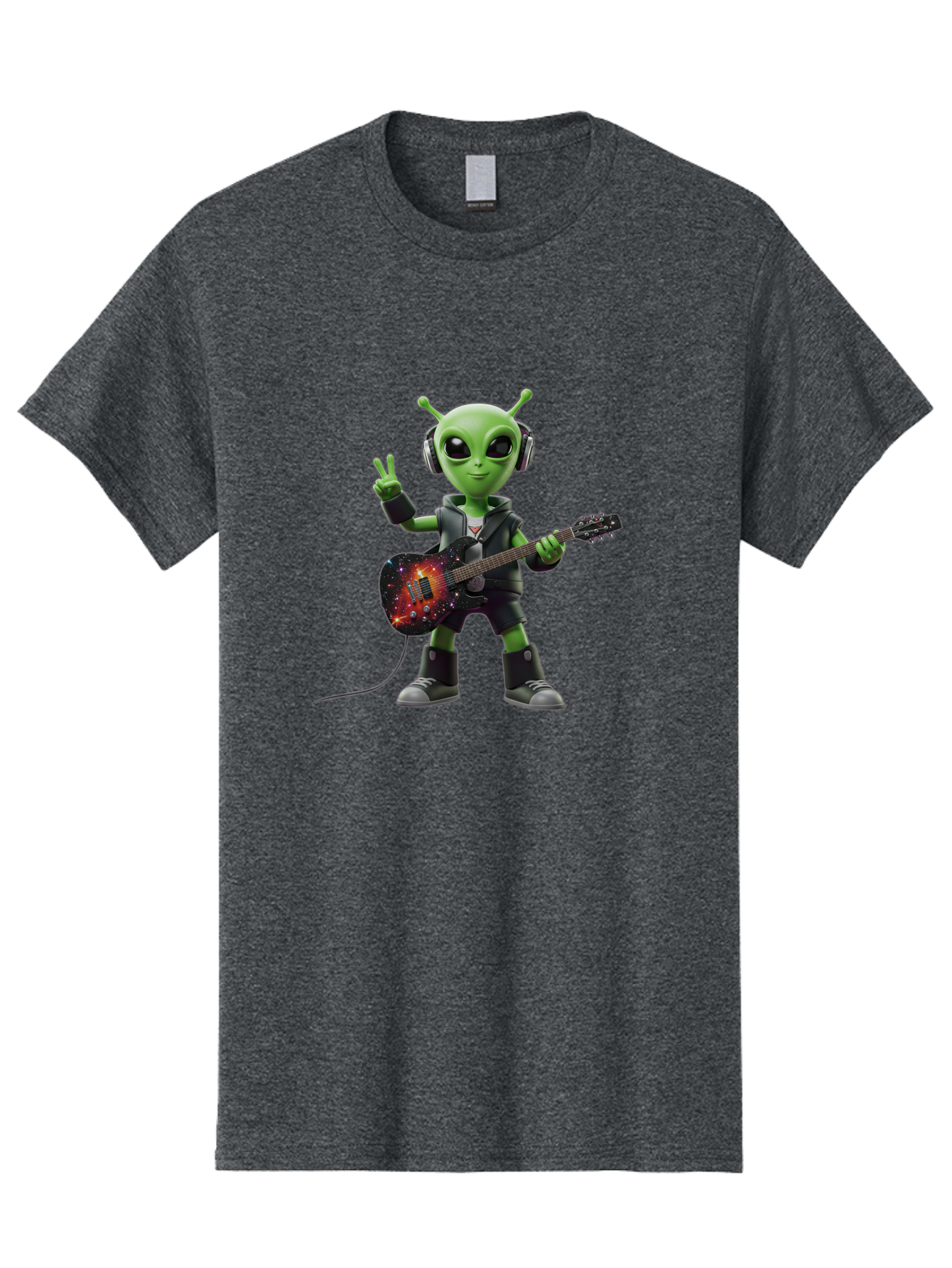 Alien-Guitarist Men'S Graphic Tee, 100% Cotton, Comfortable Casual Summer Wear, Machine Washable, Alien Playing Electric Guitar, Wearing Headphones, Peace Sign Hand Gesture, Galaxy Print Guitar, Rockstar Alien, Futuristic Music, Bab626