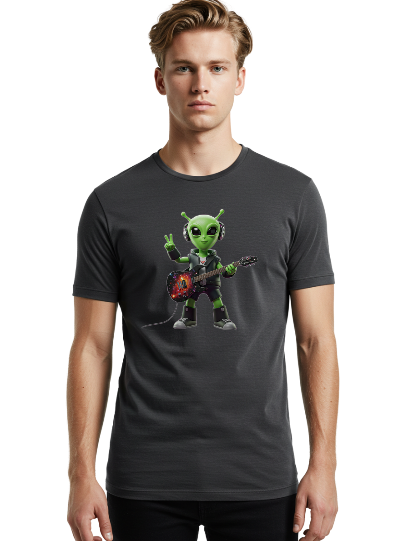 Alien-Guitarist Men'S Graphic Tee, 100% Cotton, Comfortable Casual Summer Wear, Machine Washable, Alien Playing Electric Guitar, Wearing Headphones, Peace Sign Hand Gesture, Galaxy Print Guitar, Rockstar Alien, Futuristic Music, Bab626