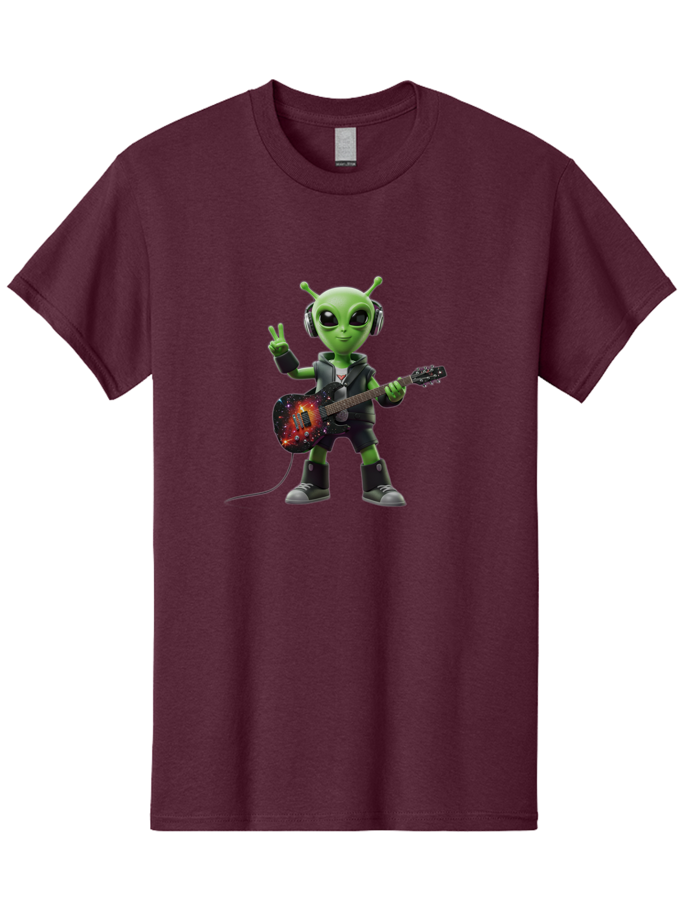 Alien-Guitarist Men'S Graphic Tee, 100% Cotton, Comfortable Casual Summer Wear, Machine Washable, Alien Playing Electric Guitar, Wearing Headphones, Peace Sign Hand Gesture, Galaxy Print Guitar, Rockstar Alien, Futuristic Music, Bab626