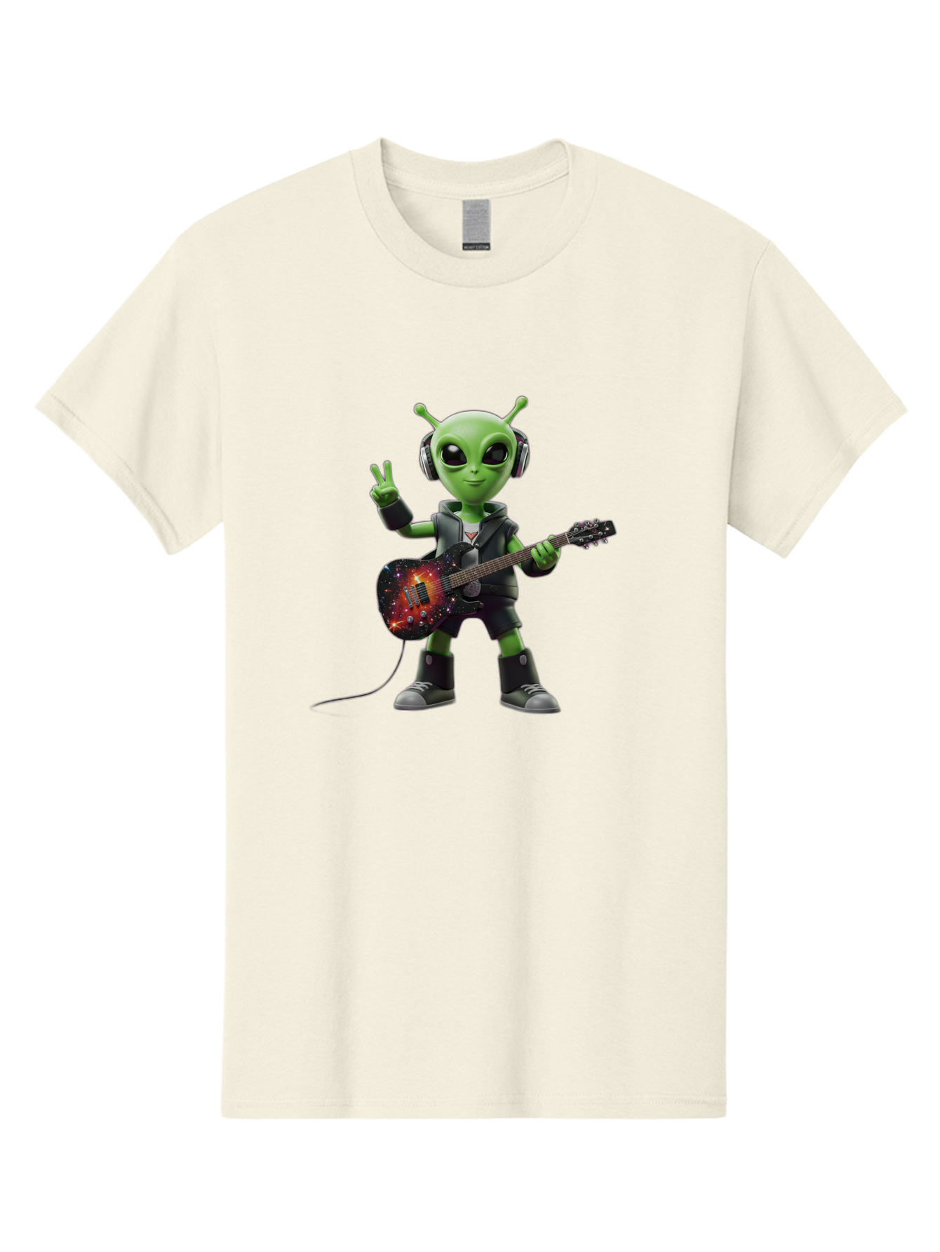 Alien-Guitarist Men'S Graphic Tee, 100% Cotton, Comfortable Casual Summer Wear, Machine Washable, Alien Playing Electric Guitar, Wearing Headphones, Peace Sign Hand Gesture, Galaxy Print Guitar, Rockstar Alien, Futuristic Music, Bab626