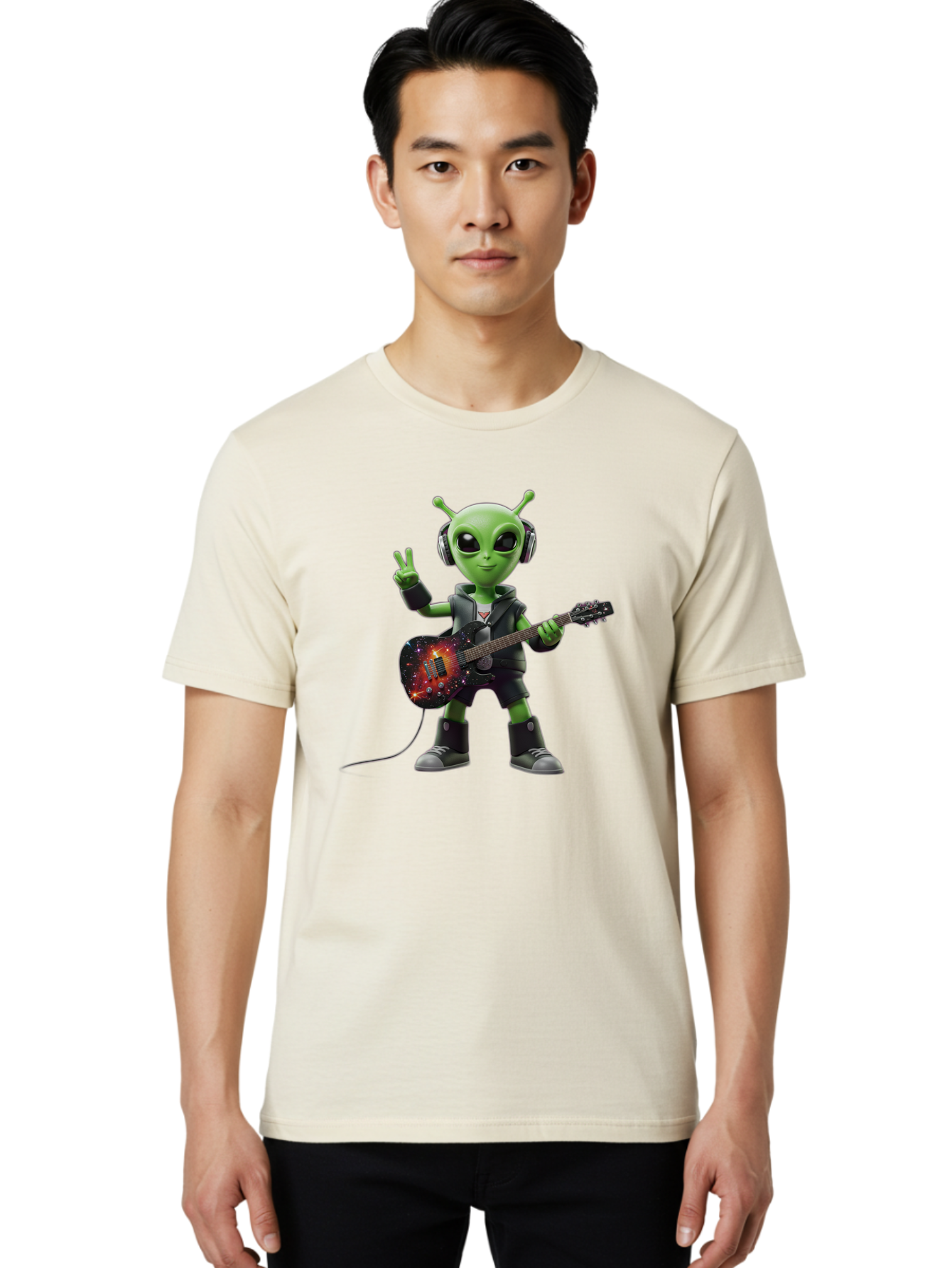 Alien-Guitarist Men'S Graphic Tee, 100% Cotton, Comfortable Casual Summer Wear, Machine Washable, Alien Playing Electric Guitar, Wearing Headphones, Peace Sign Hand Gesture, Galaxy Print Guitar, Rockstar Alien, Futuristic Music, Bab626