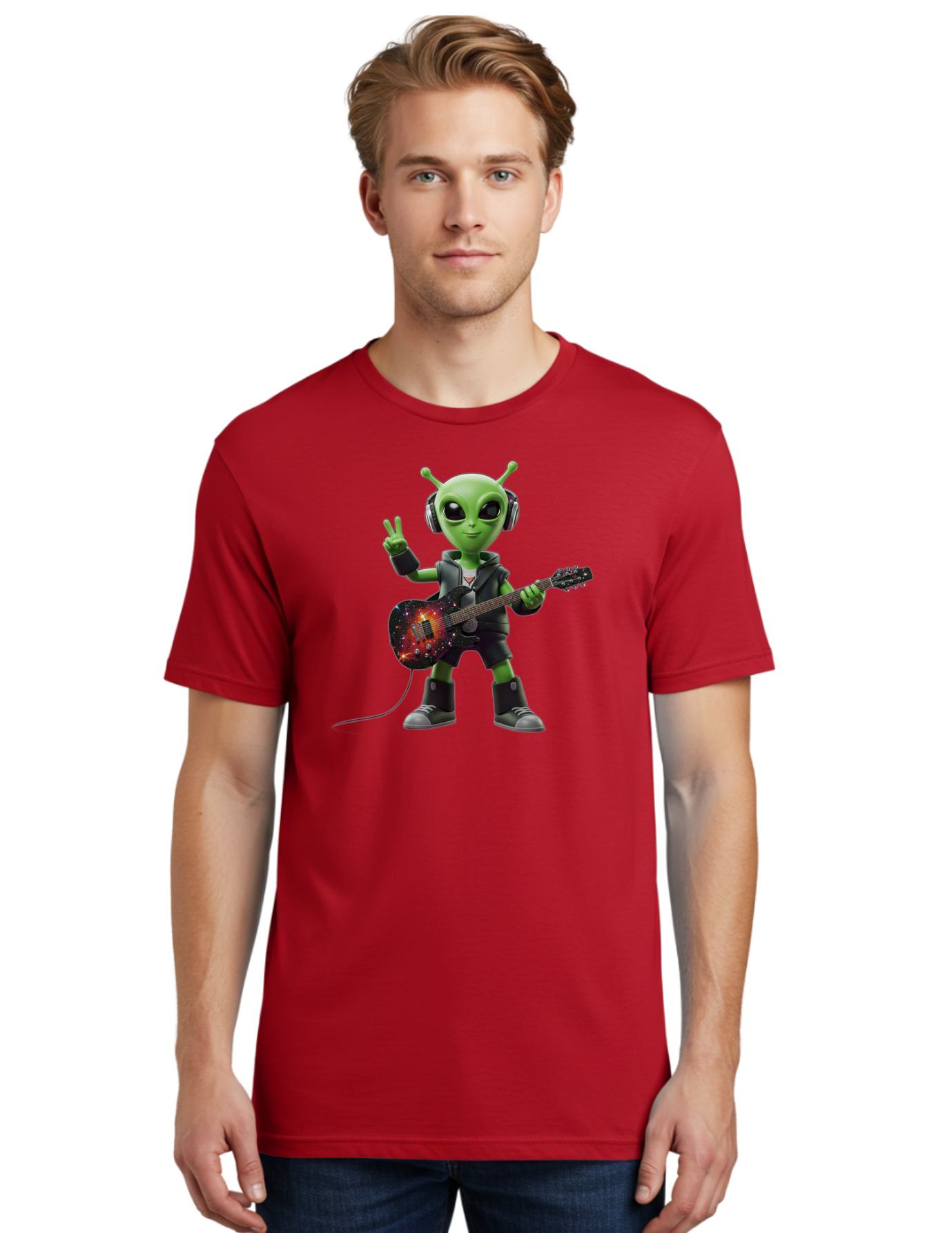 Alien-Guitarist Men'S Graphic Tee, 100% Cotton, Comfortable Casual Summer Wear, Machine Washable, Alien Playing Electric Guitar, Wearing Headphones, Peace Sign Hand Gesture, Galaxy Print Guitar, Rockstar Alien, Futuristic Music, Bab626