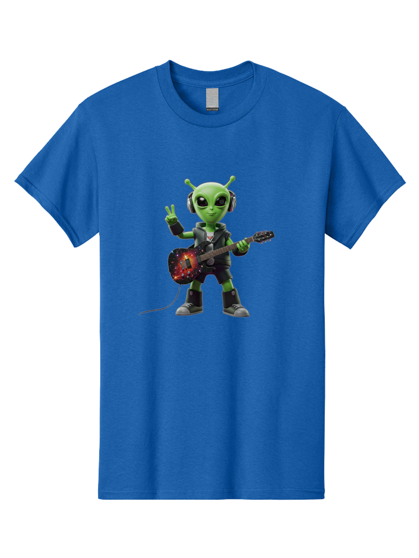 Alien-Guitarist Men'S Graphic Tee, 100% Cotton, Comfortable Casual Summer Wear, Machine Washable, Alien Playing Electric Guitar, Wearing Headphones, Peace Sign Hand Gesture, Galaxy Print Guitar, Rockstar Alien, Futuristic Music, Bab626