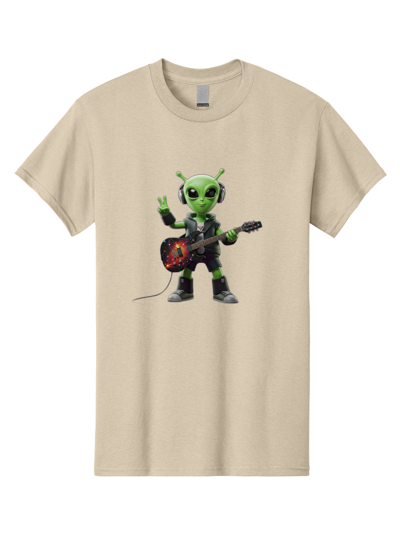 Alien-Guitarist Men'S Graphic Tee, 100% Cotton, Comfortable Casual Summer Wear, Machine Washable, Alien Playing Electric Guitar, Wearing Headphones, Peace Sign Hand Gesture, Galaxy Print Guitar, Rockstar Alien, Futuristic Music, Bab626
