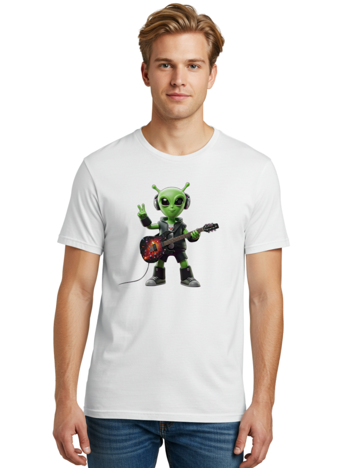 Alien-Guitarist Men'S Graphic Tee, 100% Cotton, Comfortable Casual Summer Wear, Machine Washable, Alien Playing Electric Guitar, Wearing Headphones, Peace Sign Hand Gesture, Galaxy Print Guitar, Rockstar Alien, Futuristic Music, Bab626