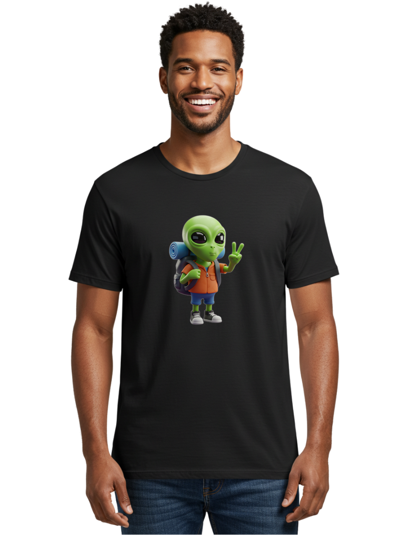 Alien-Hiker Men'S Graphic Tee, 100% Cotton, Comfortable Casual Summer Wear, Machine Washable, Cartoon Alien, Hiking Gear, Peace Sign, Relaxed Pose, 3D Illustration, Casual Clothing, Outdoor Enthusiast, Pop Culture Icon, Fun Design, Bab627