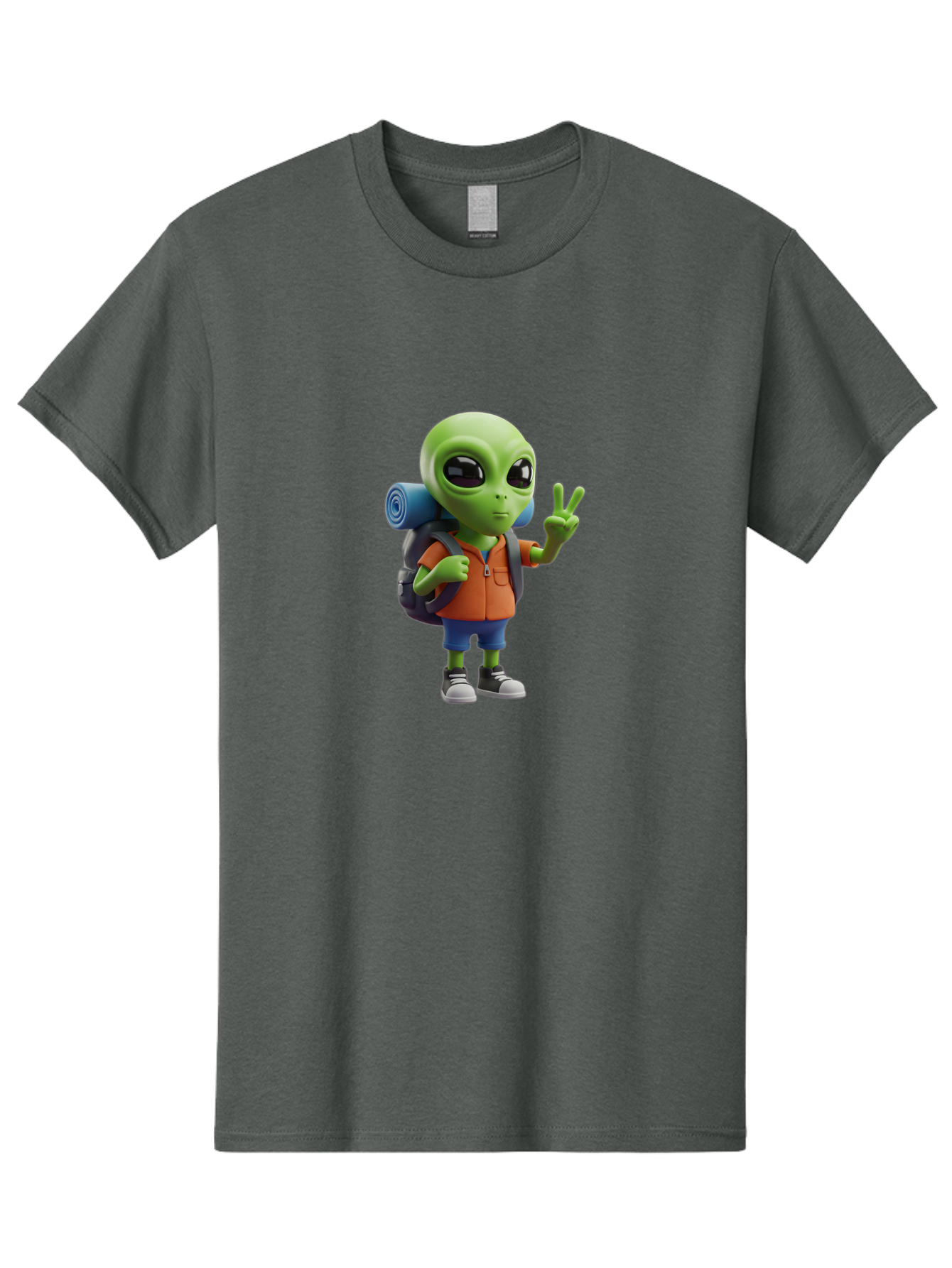 Alien-Hiker Men'S Graphic Tee, 100% Cotton, Comfortable Casual Summer Wear, Machine Washable, Cartoon Alien, Hiking Gear, Peace Sign, Relaxed Pose, 3D Illustration, Casual Clothing, Outdoor Enthusiast, Pop Culture Icon, Fun Design, Bab627