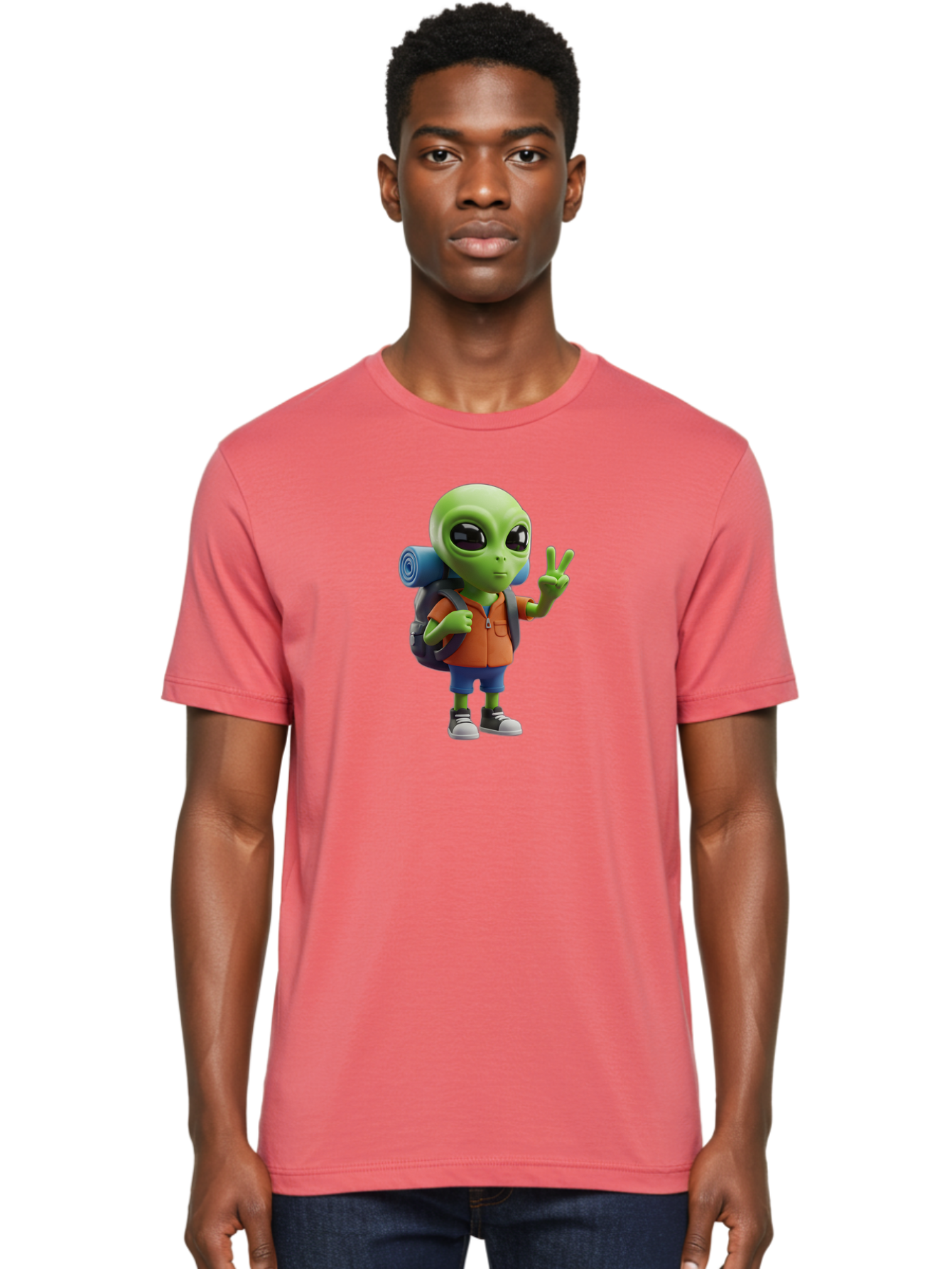 Alien-Hiker Men'S Graphic Tee, 100% Cotton, Comfortable Casual Summer Wear, Machine Washable, Cartoon Alien, Hiking Gear, Peace Sign, Relaxed Pose, 3D Illustration, Casual Clothing, Outdoor Enthusiast, Pop Culture Icon, Fun Design, Bab627