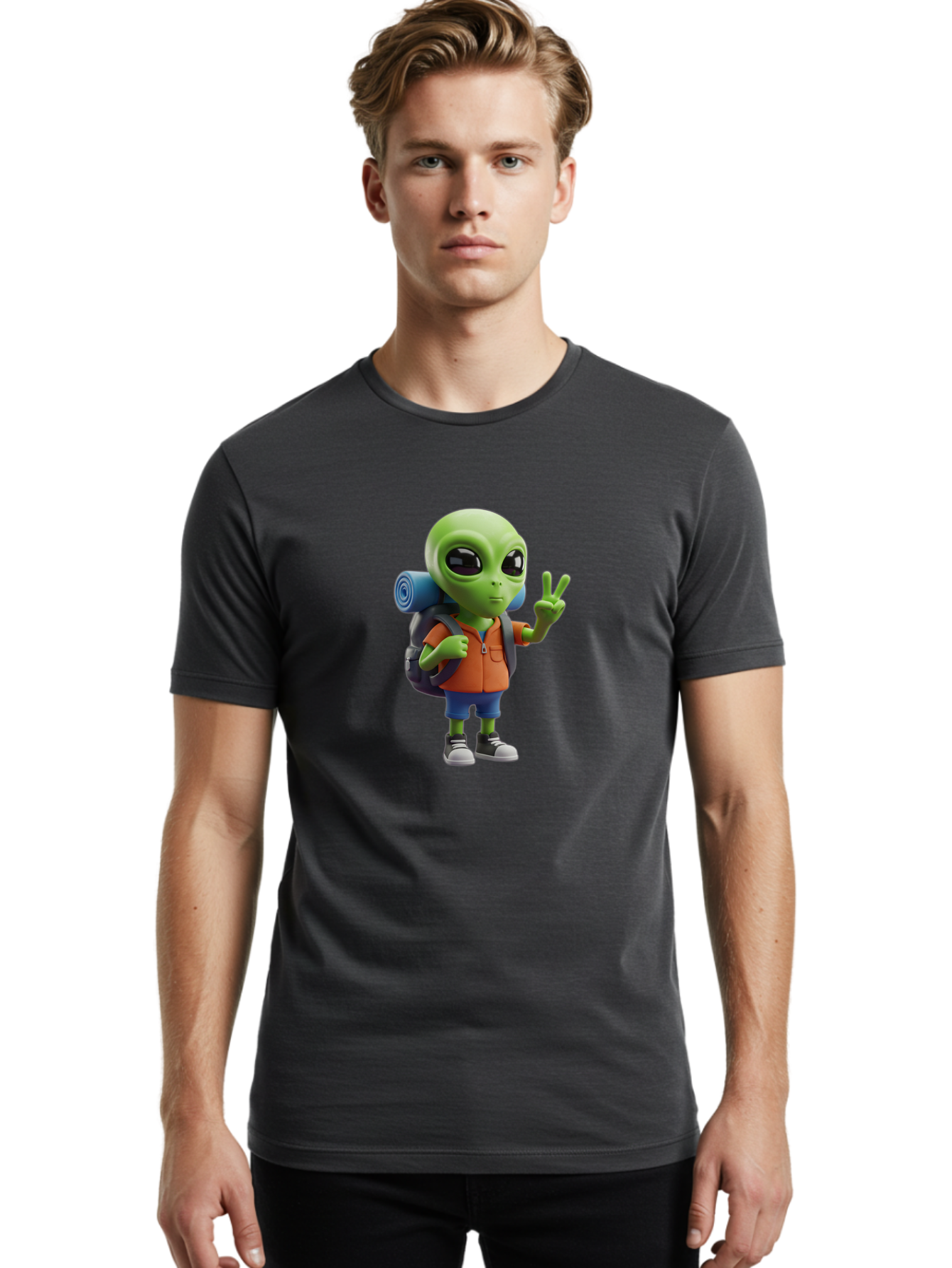 Alien-Hiker Men'S Graphic Tee, 100% Cotton, Comfortable Casual Summer Wear, Machine Washable, Cartoon Alien, Hiking Gear, Peace Sign, Relaxed Pose, 3D Illustration, Casual Clothing, Outdoor Enthusiast, Pop Culture Icon, Fun Design, Bab627