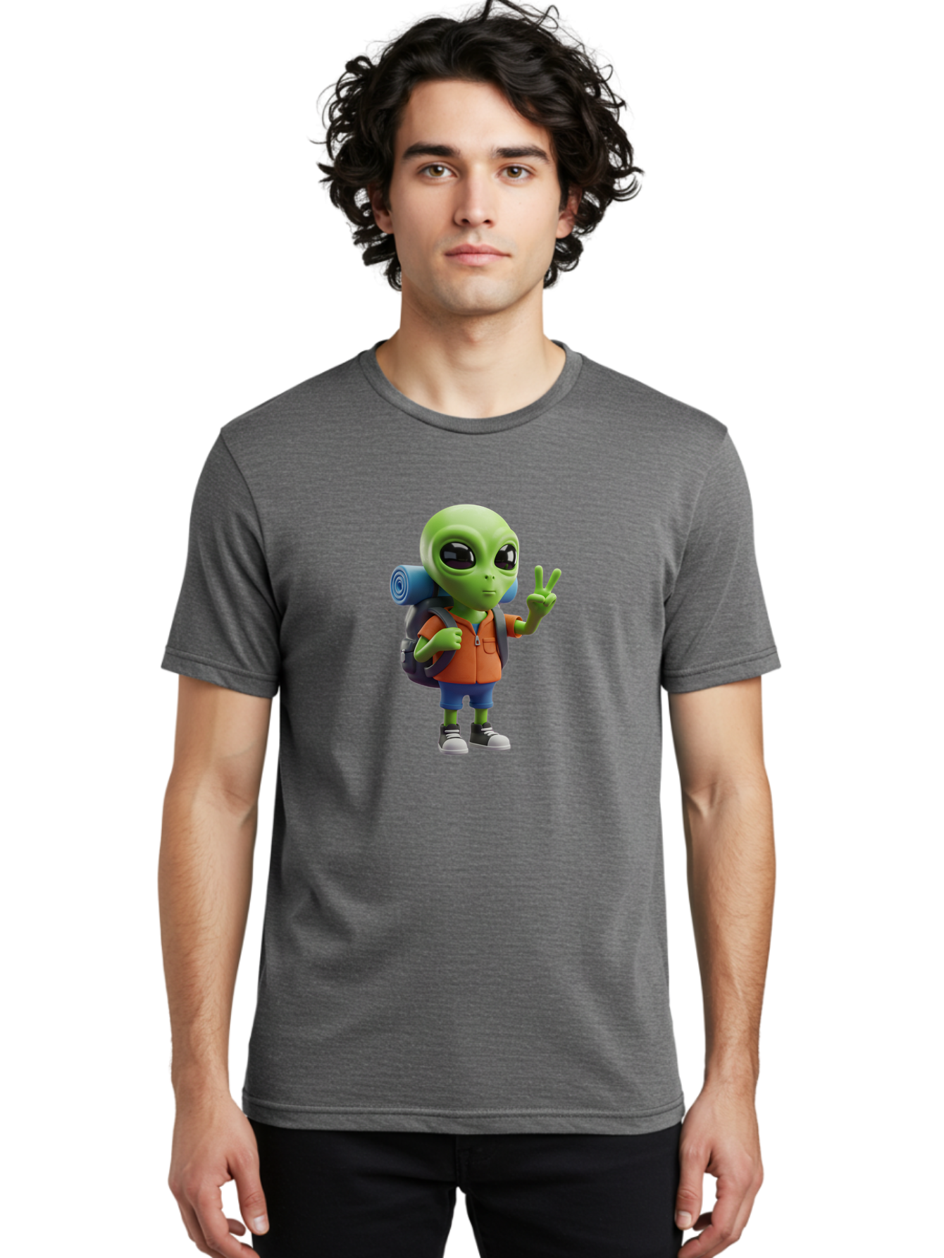Alien-Hiker Men'S Graphic Tee, 100% Cotton, Comfortable Casual Summer Wear, Machine Washable, Cartoon Alien, Hiking Gear, Peace Sign, Relaxed Pose, 3D Illustration, Casual Clothing, Outdoor Enthusiast, Pop Culture Icon, Fun Design, Bab627