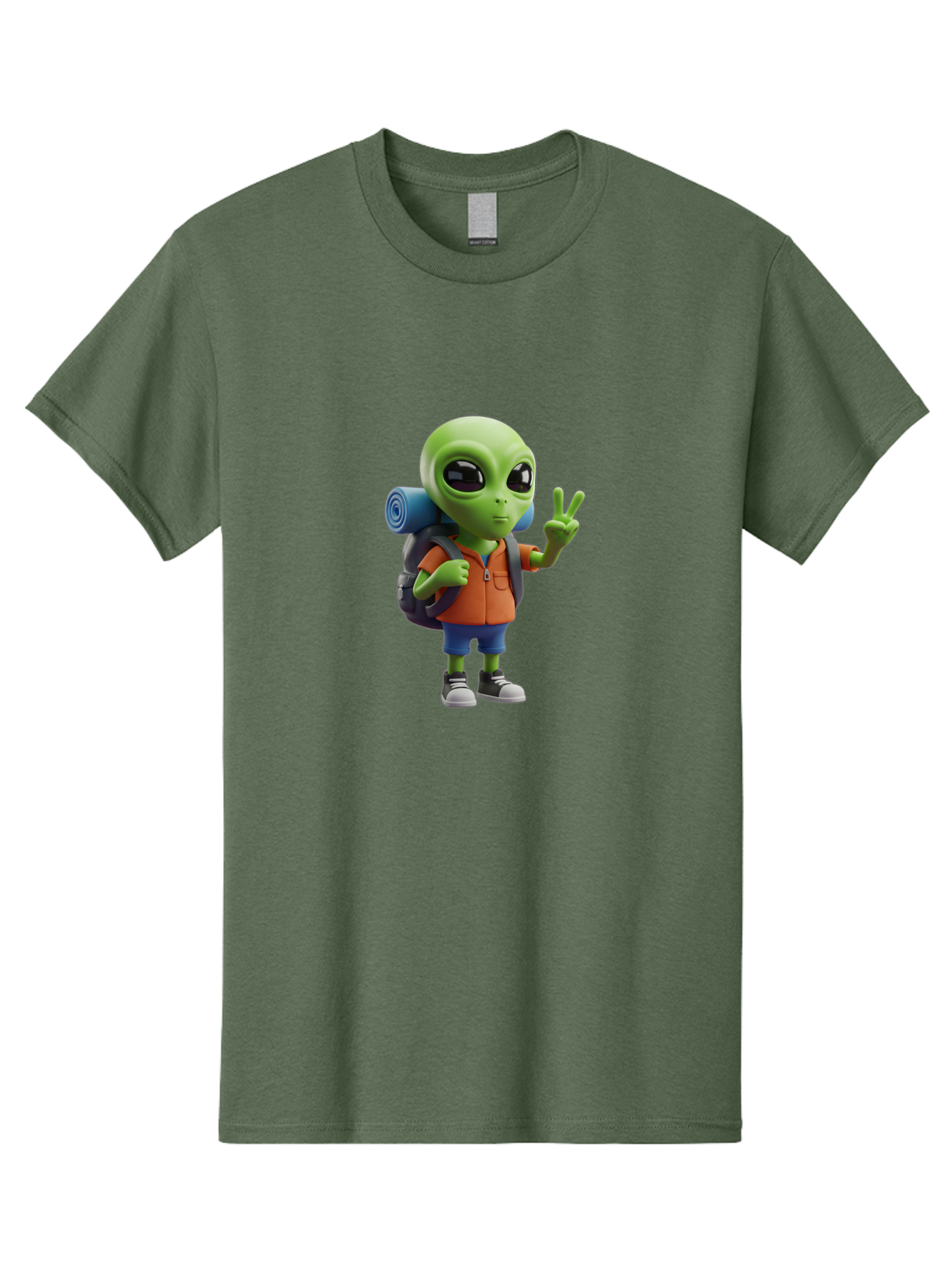 Alien-Hiker Men'S Graphic Tee, 100% Cotton, Comfortable Casual Summer Wear, Machine Washable, Cartoon Alien, Hiking Gear, Peace Sign, Relaxed Pose, 3D Illustration, Casual Clothing, Outdoor Enthusiast, Pop Culture Icon, Fun Design, Bab627