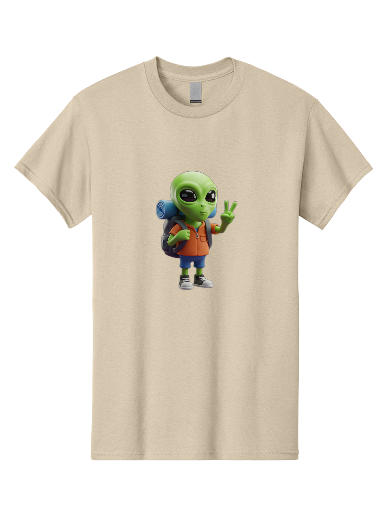 Alien-Hiker Men'S Graphic Tee, 100% Cotton, Comfortable Casual Summer Wear, Machine Washable, Cartoon Alien, Hiking Gear, Peace Sign, Relaxed Pose, 3D Illustration, Casual Clothing, Outdoor Enthusiast, Pop Culture Icon, Fun Design, Bab627