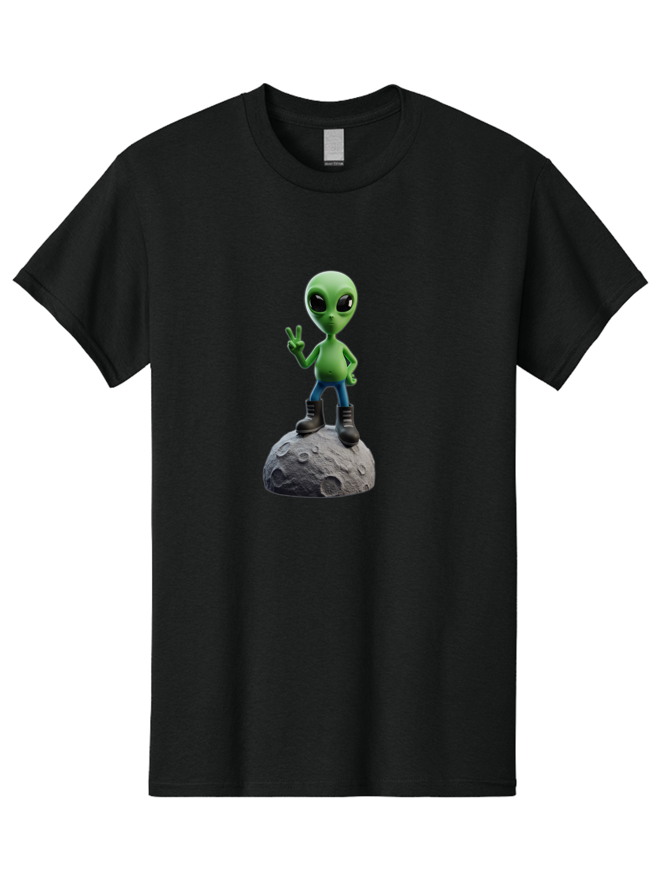 Alien-On-Moon Men'S Graphic Tee, 100% Cotton, Comfortable Casual Summer Wear, Machine Washable, 3D Cartoon Alien, Peace Sign, Moon Surface, Craters, Futuristic, Extraterrestrial Life, Space, Blue Jeans, Black Boots, Quirky, Fun, Playful, Bab628