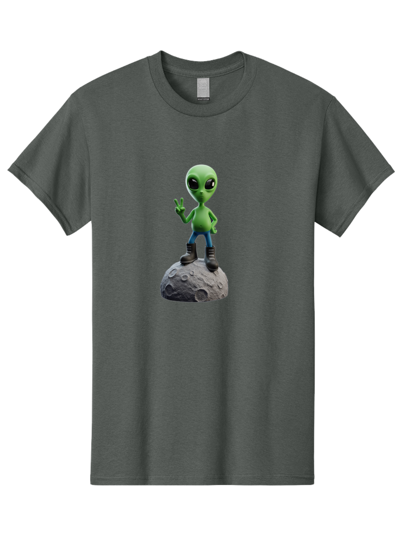 Alien-On-Moon Men'S Graphic Tee, 100% Cotton, Comfortable Casual Summer Wear, Machine Washable, 3D Cartoon Alien, Peace Sign, Moon Surface, Craters, Futuristic, Extraterrestrial Life, Space, Blue Jeans, Black Boots, Quirky, Fun, Playful, Bab628