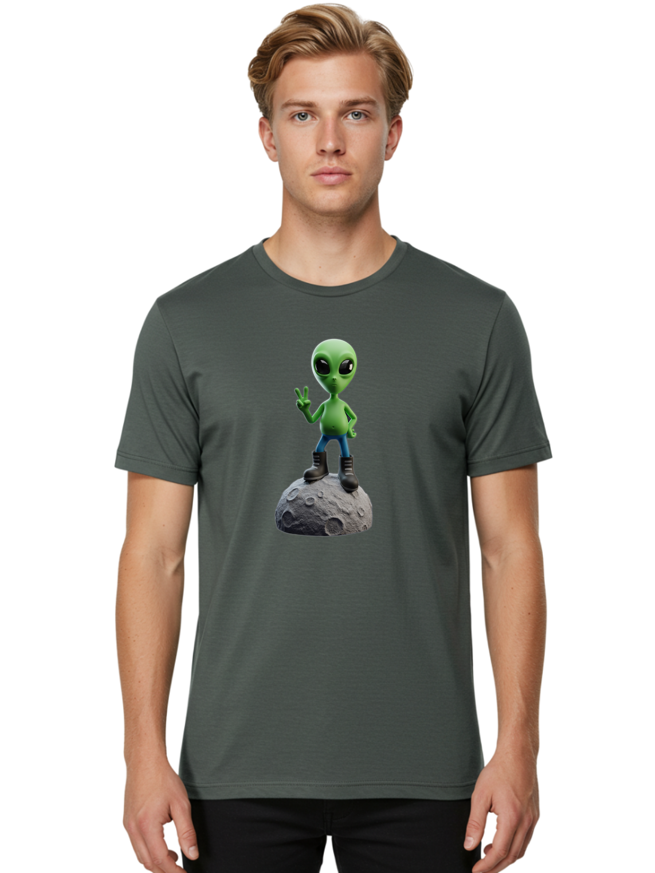 Alien-On-Moon Men'S Graphic Tee, 100% Cotton, Comfortable Casual Summer Wear, Machine Washable, 3D Cartoon Alien, Peace Sign, Moon Surface, Craters, Futuristic, Extraterrestrial Life, Space, Blue Jeans, Black Boots, Quirky, Fun, Playful, Bab628