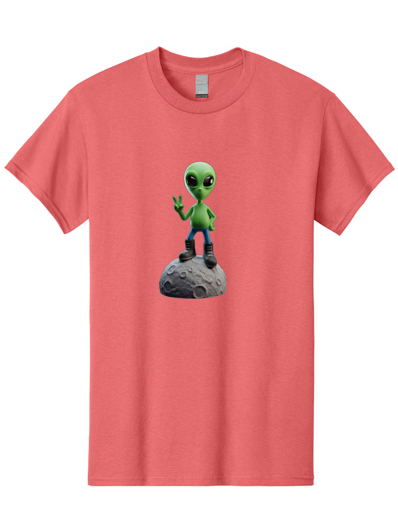 Alien-On-Moon Men'S Graphic Tee, 100% Cotton, Comfortable Casual Summer Wear, Machine Washable, 3D Cartoon Alien, Peace Sign, Moon Surface, Craters, Futuristic, Extraterrestrial Life, Space, Blue Jeans, Black Boots, Quirky, Fun, Playful, Bab628
