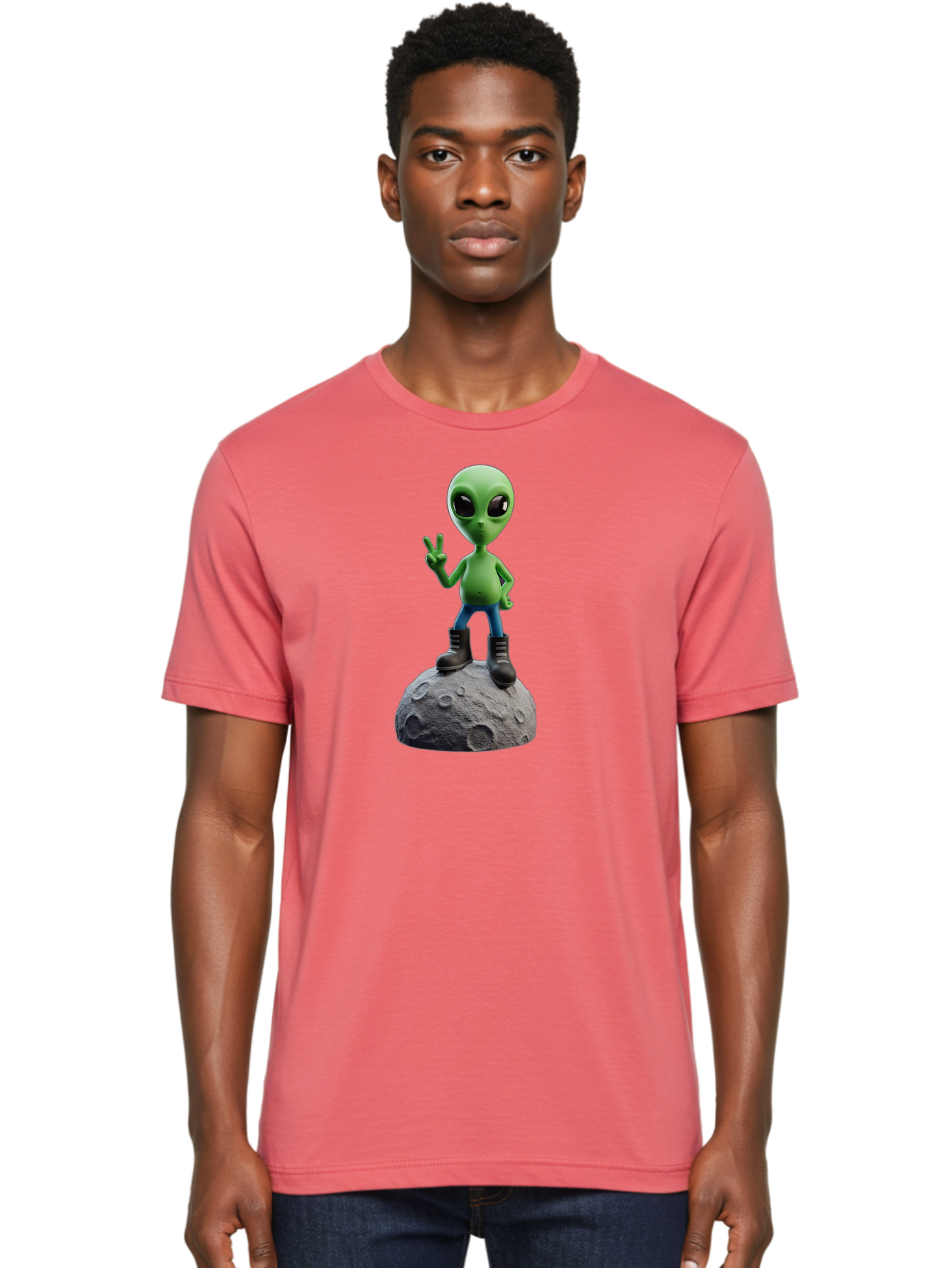 Alien-On-Moon Men'S Graphic Tee, 100% Cotton, Comfortable Casual Summer Wear, Machine Washable, 3D Cartoon Alien, Peace Sign, Moon Surface, Craters, Futuristic, Extraterrestrial Life, Space, Blue Jeans, Black Boots, Quirky, Fun, Playful, Bab628